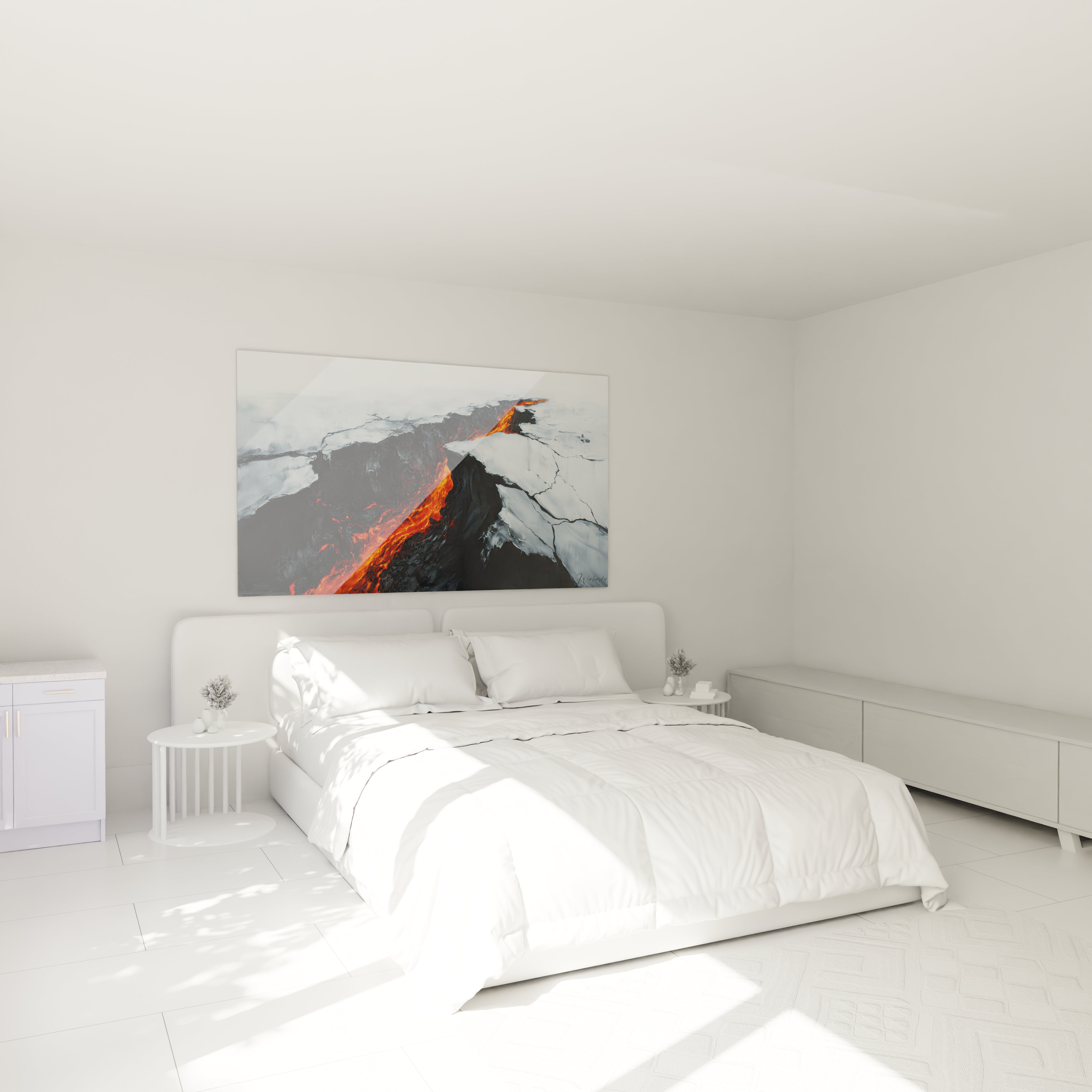 Un tableau volcanique illustrant une crevasse profonde d'où jaillit un fleuve de magma incandescent, traversant un terrain enneigé blanc et gris, mettant en valeur le contraste entre la chaleur destructrice et la froideur immaculée avec des coups de pinceau expressifs.
