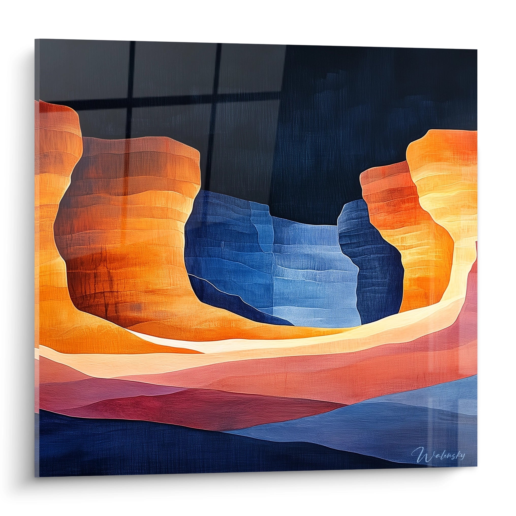 Tableau canyon représentant des formations rocheuses stratifiées en orange vif et bleu profond, avec des ondulations fluides évoquant l'érosion naturelle et des contrastes marqués entre zones chaudes et froides sur fond bleu marine.
