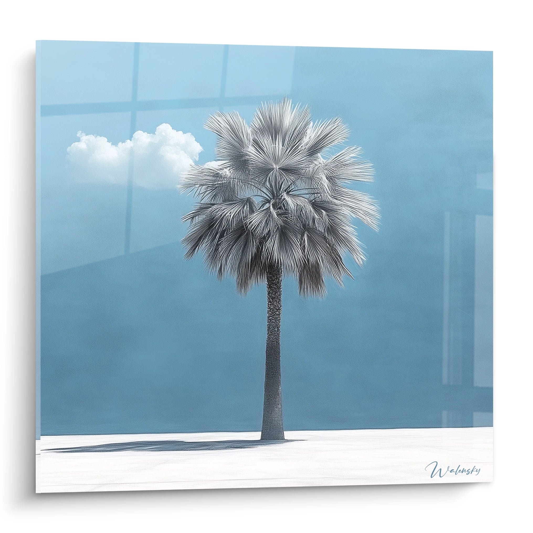 Un tableau minimaliste représentant un palmier solitaire argenté se dressant sur une surface blanche immaculée, avec un ciel bleu azur en arrière-plan et un petit nuage blanc, créant un contraste saisissant entre les textures détaillées des frondes et les aplats épurés.
