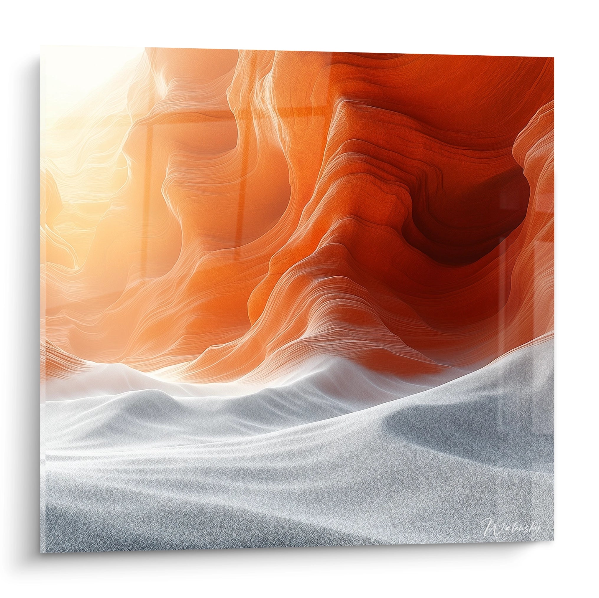 Un tableau canyon représentant des formations rocheuses orange stratifiées avec des courbes fluides, contrastant avec une base de dunes blanches ondulantes, le tout illuminé par une lumière diffuse créant un effet de translucidité sur les parois.
