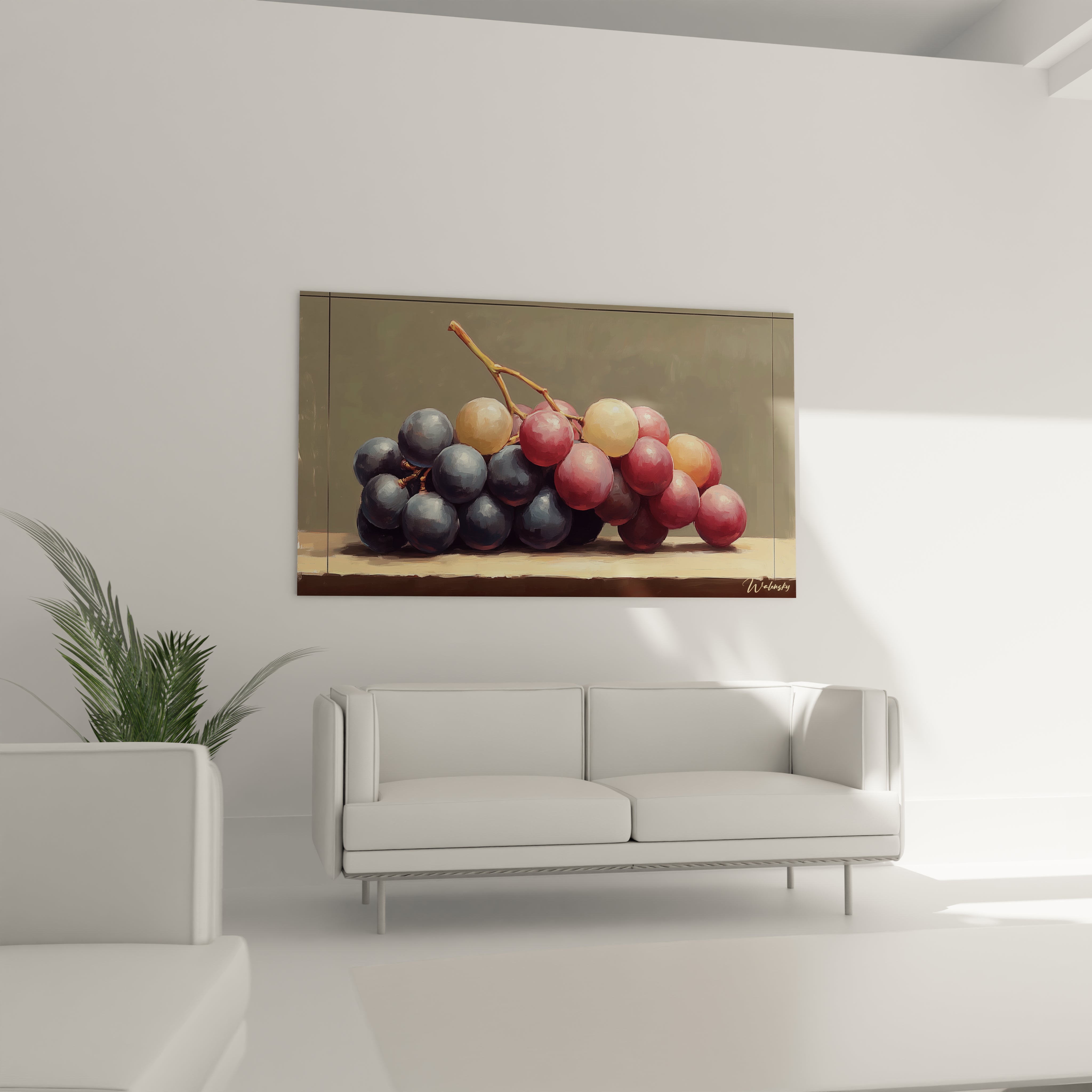 Tableau nature morte abstrait montrant des grappes de raisin posées sur une table, avec des nuances de violet et beige sur un fond neutre, offrant des détails texturés.
