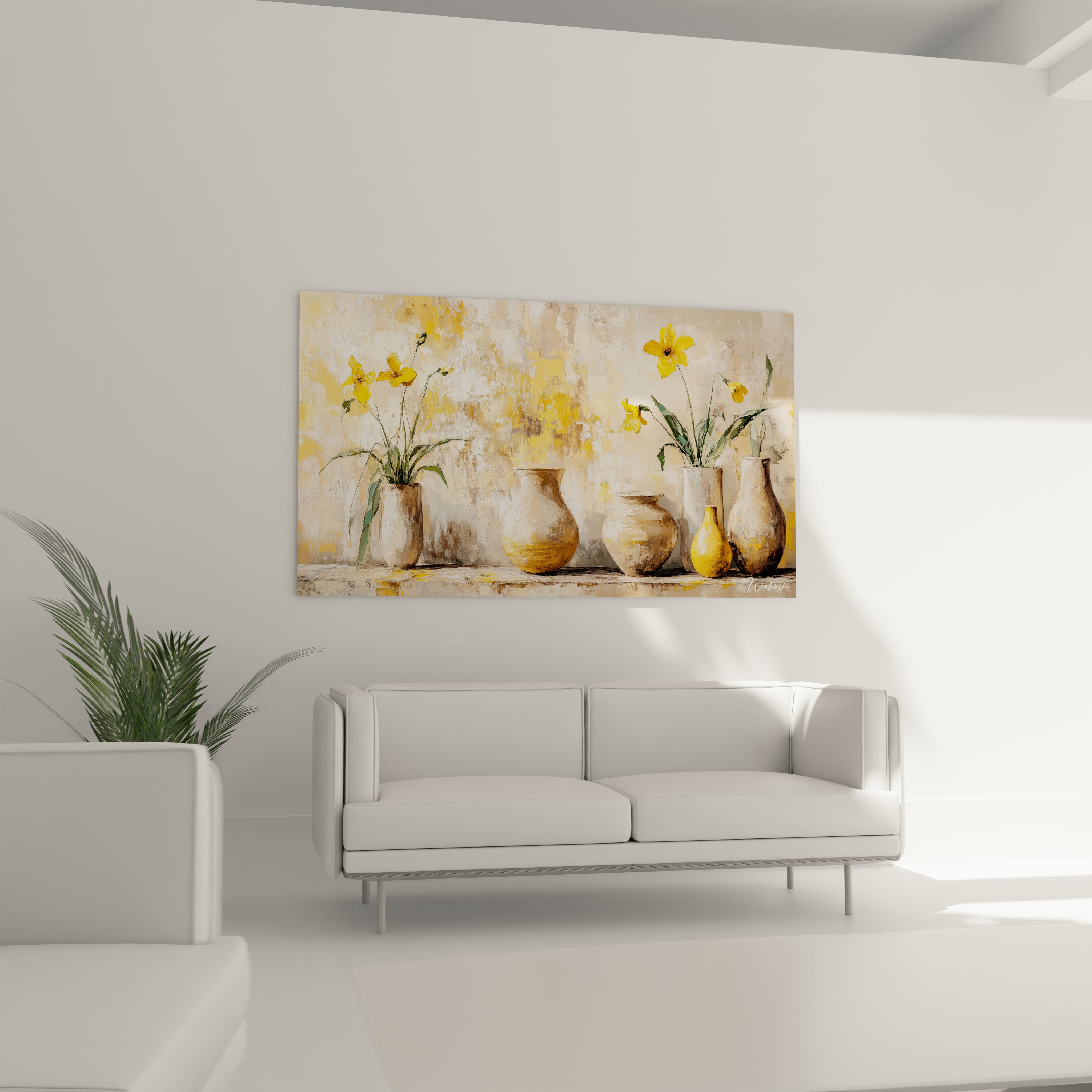 Une composition centrée sur des vases beige texturés et des fleurs jaunes, avec un fond abstrait mêlant des couleurs beige et blanc dans un tableau nature morte abstrait.

