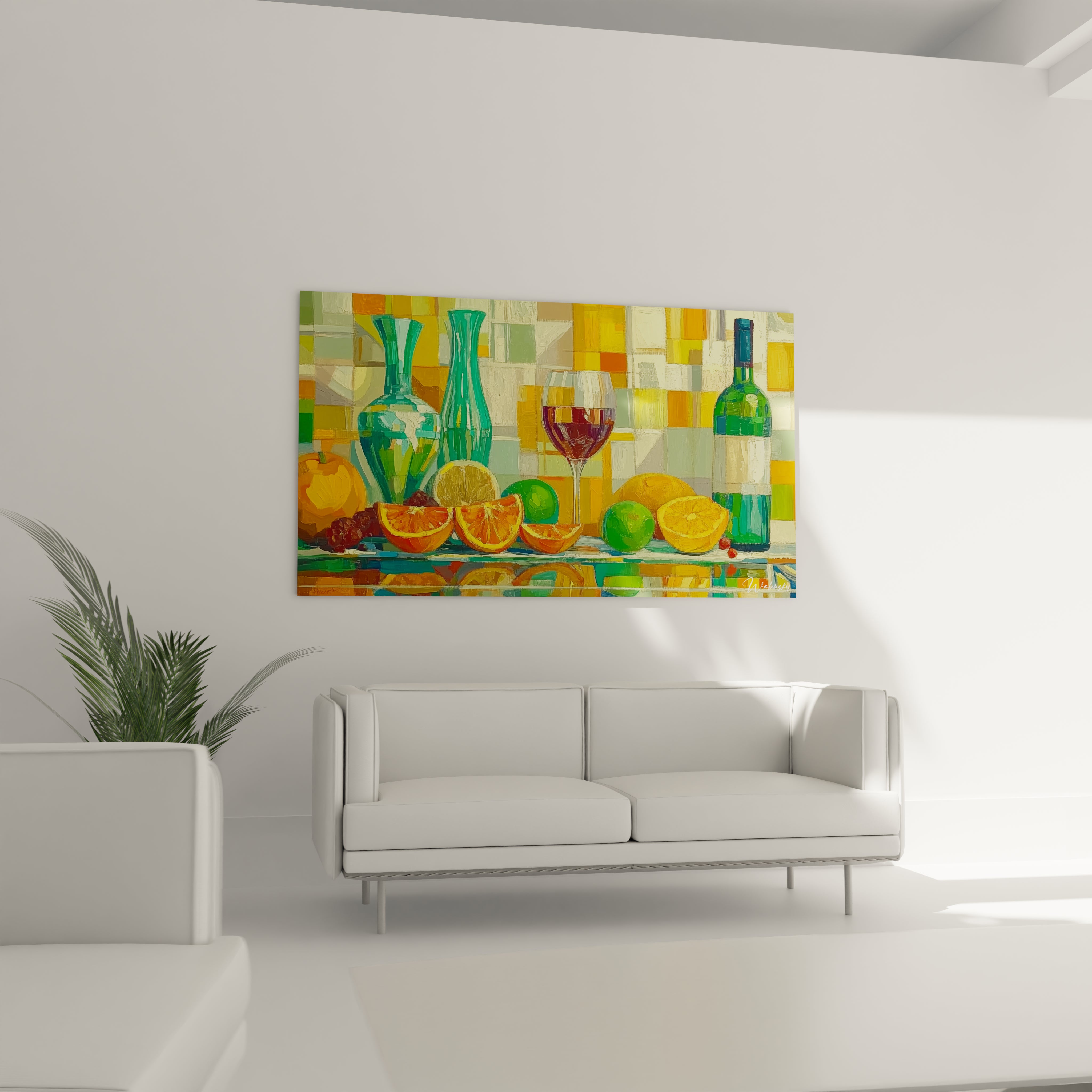 Un tableau nature morte abstrait combinant des agrumes coupés, un verre de vin rouge, et des vases turquoise, sur un fond texturé dans des tons dominants orange, vert, et jaune.

