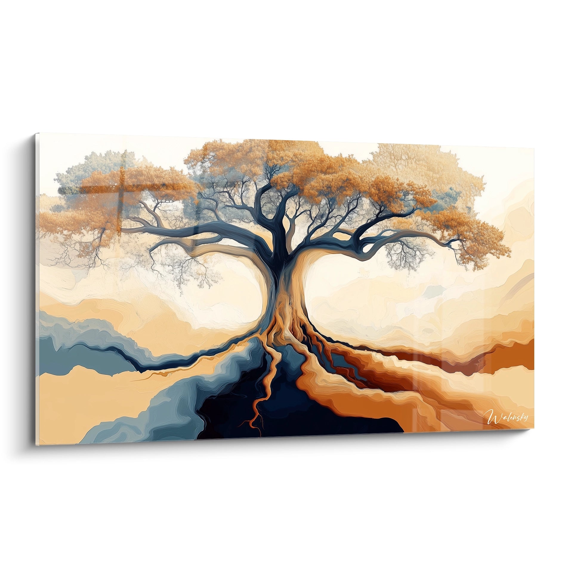 Un tableau baobab nature représentant un arbre aux branches étendues et racines visibles, avec des teintes dorées, beige et marine, et des effets fluides aux textures lisses et dégradées.

