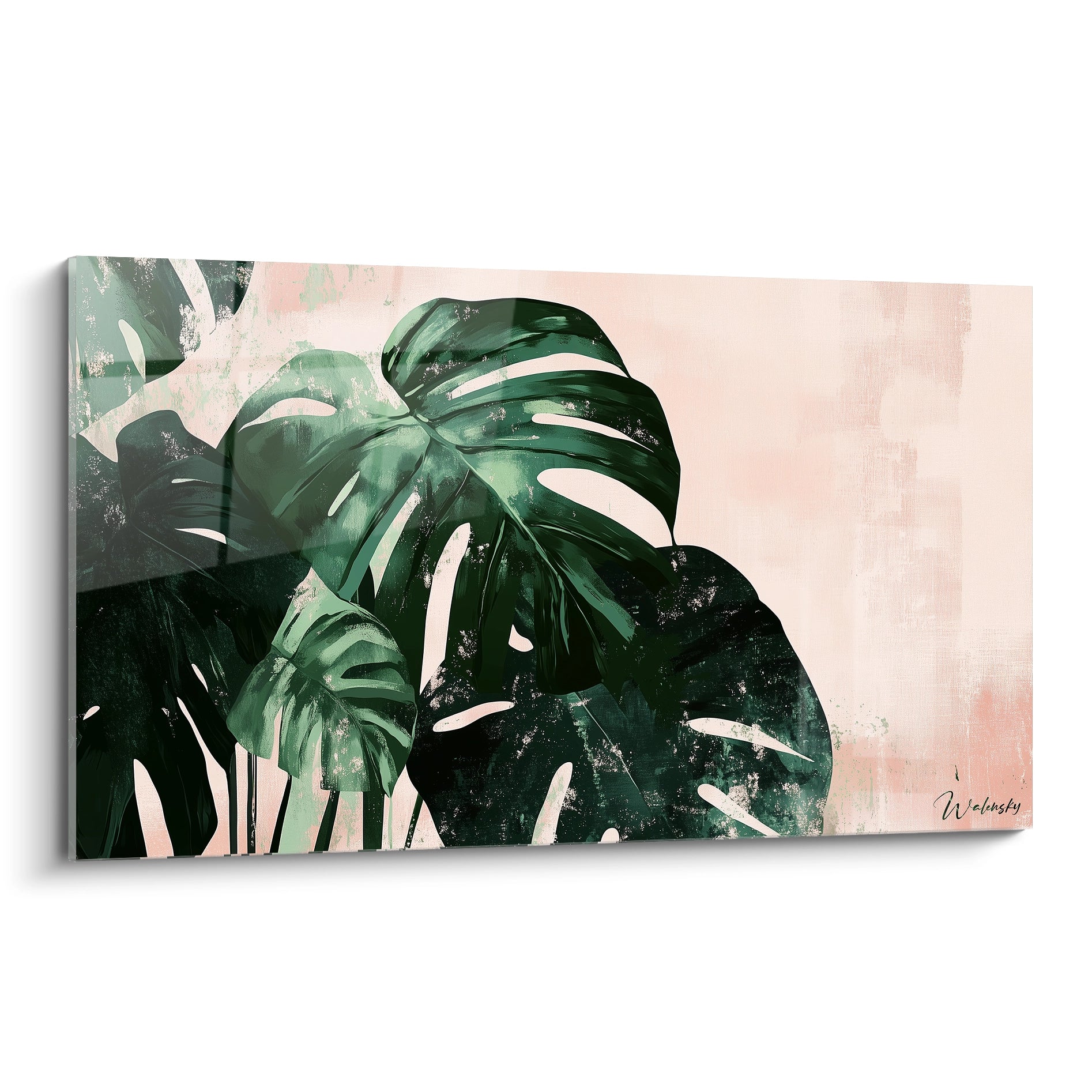 Un tableau Monstera nature représentant de grandes feuilles vertes aux découpes ajourées, sur un fond beige texturé avec des touches de rose. Effets de superposition et contrastes de lumière visibles.

