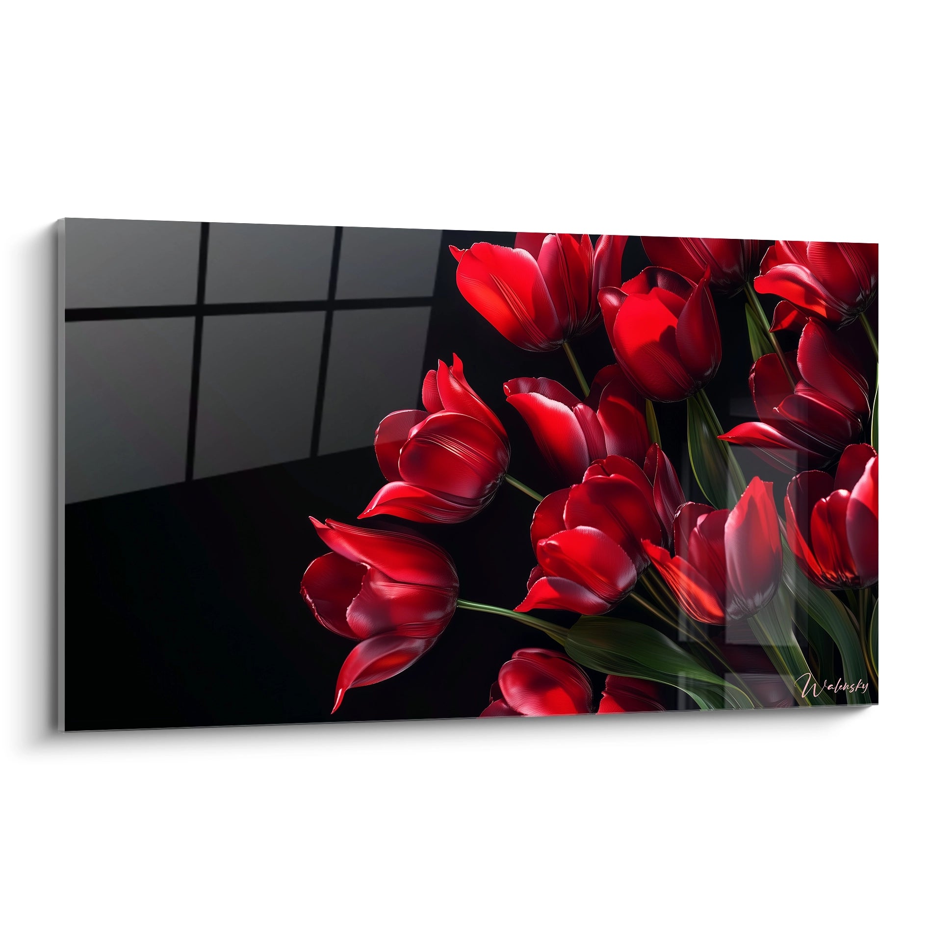 Un tableau Tulipe nature représentant un bouquet de tulipes rouges aux pétales lisses et brillants, sur un fond noir uni. Les feuilles vertes contrastent avec les reflets lumineux des fleurs.

