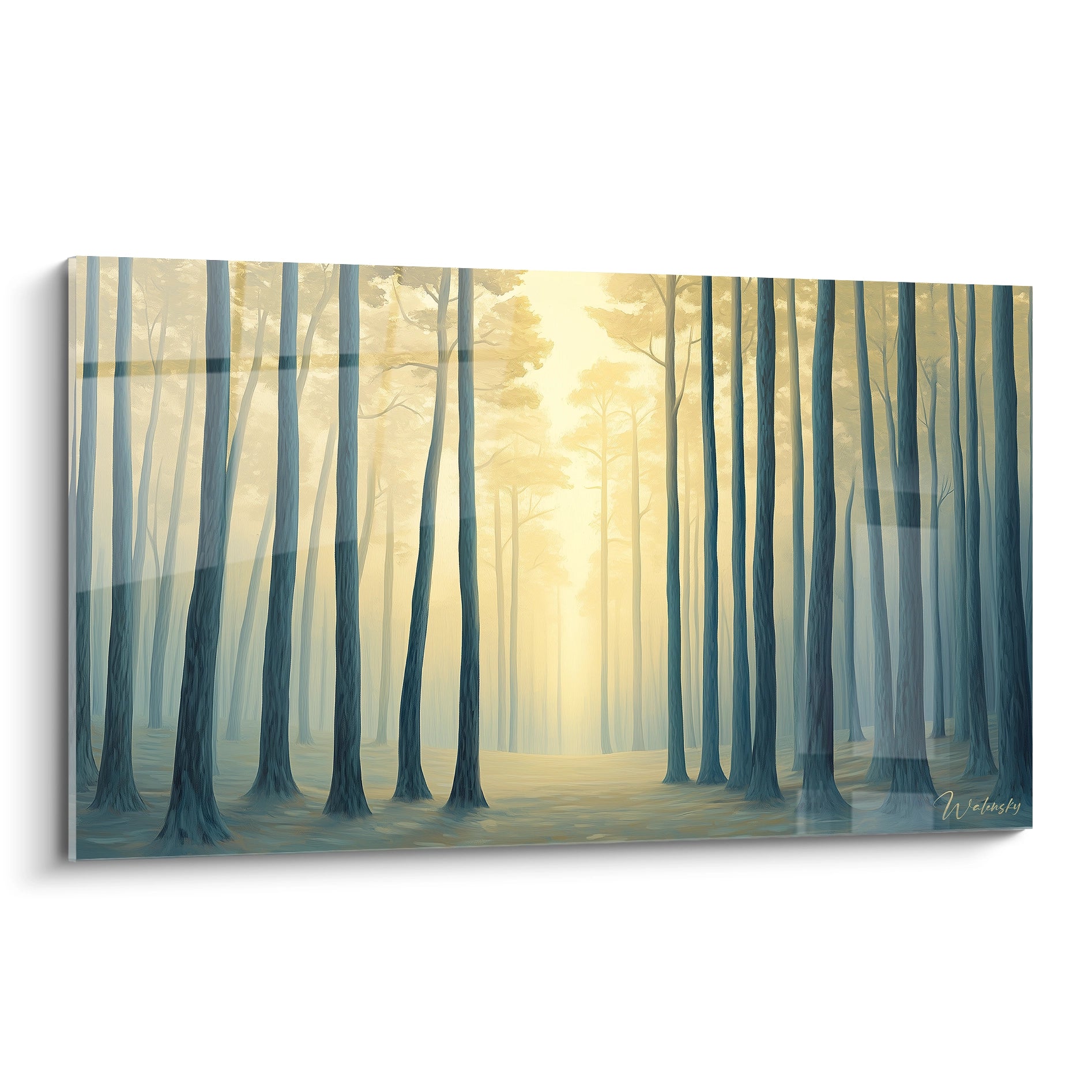 Un tableau Pin nature représentant une forêt de pins élancés, avec des troncs bleu foncé, un fond jaune doré et une brume diffuse, créant un effet de profondeur et de superposition.

