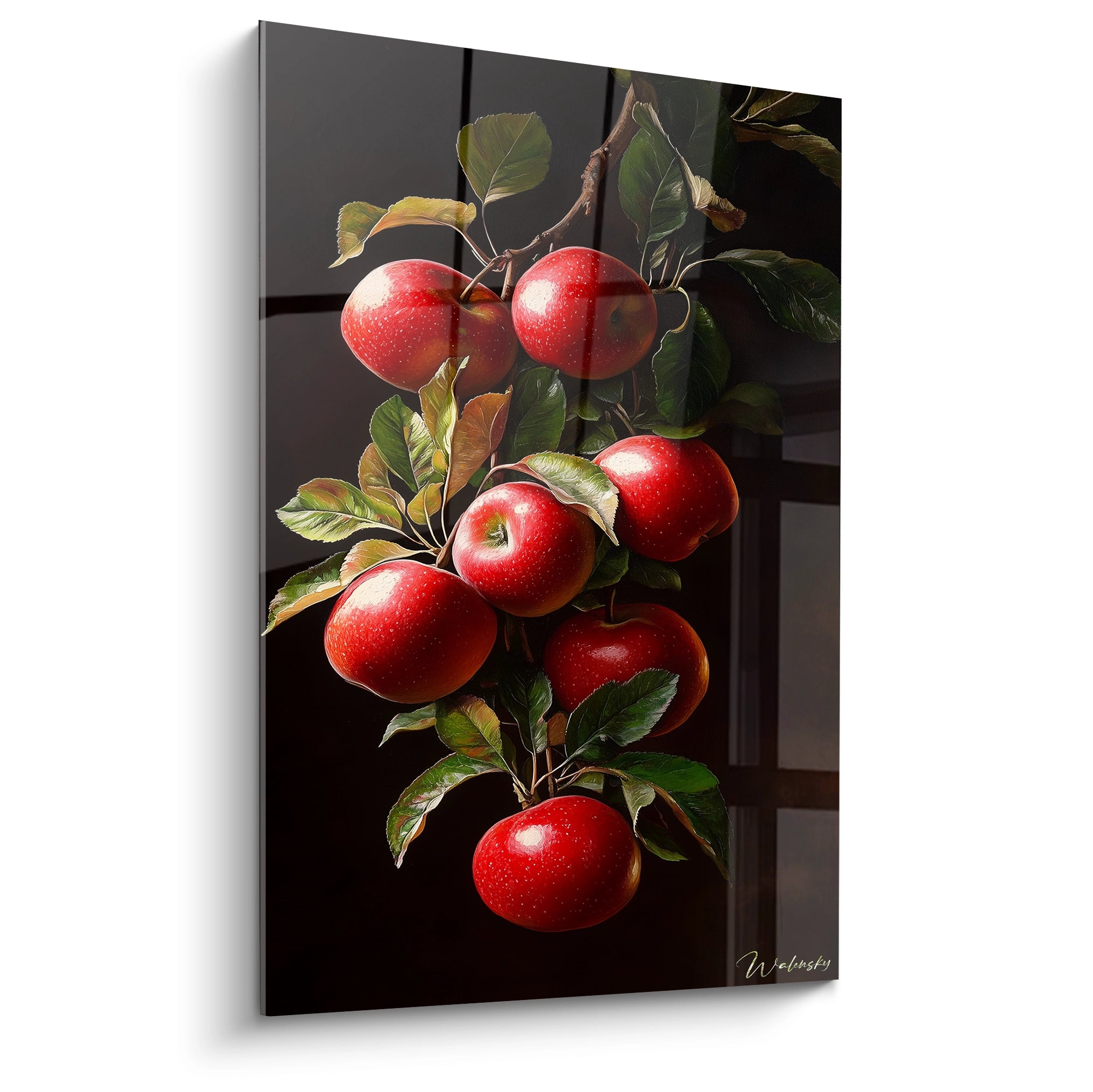 Un tableau Pommier nature représentant une branche chargée de pommes rouges, entourées de feuilles vertes, avec des textures lisses sur les fruits et des effets de lumière contrastant sur le fond sombre.

