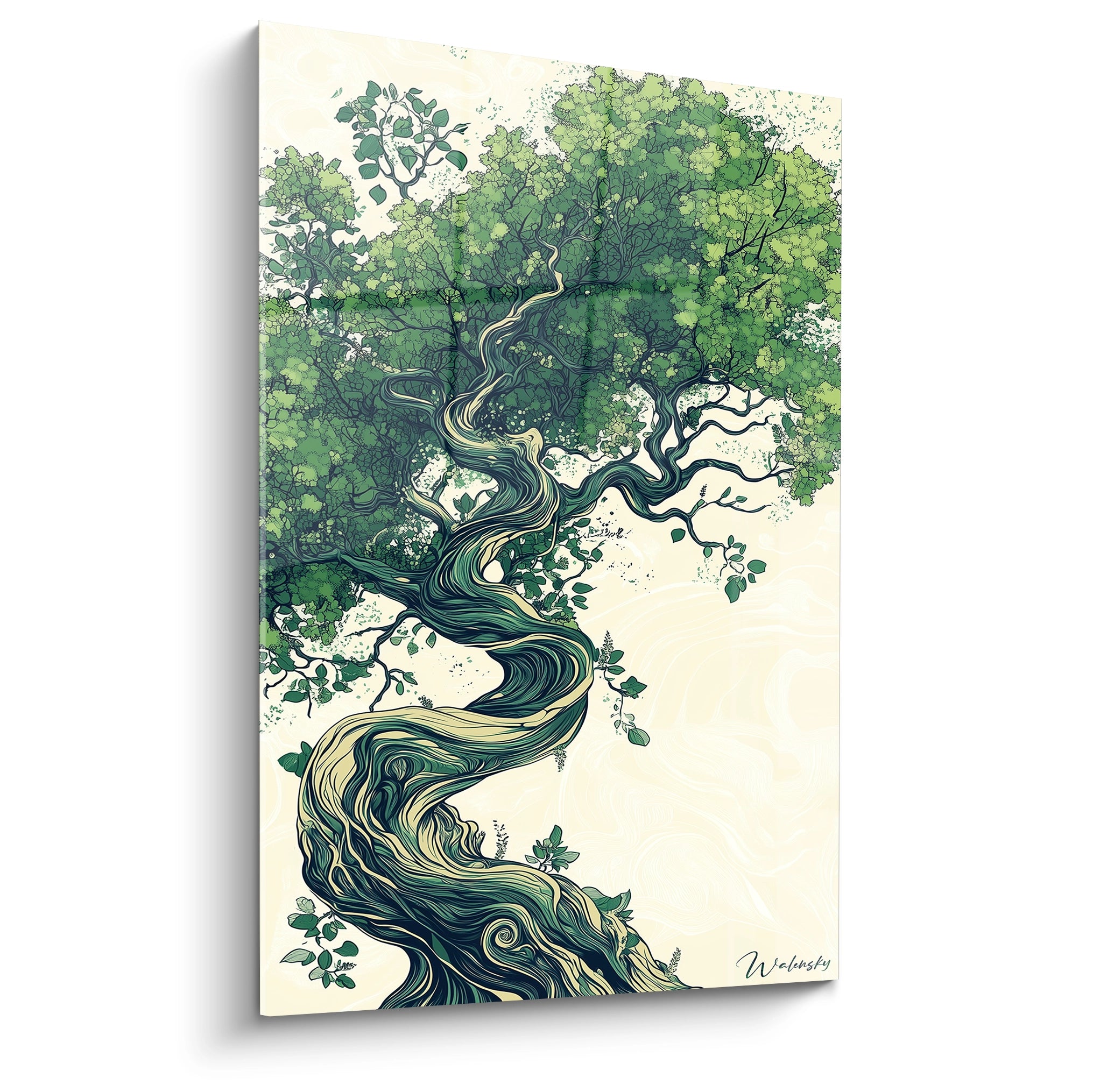 Un tableau Saule pleureur nature illustrant un arbre aux branches sinueuses et feuillage dense, dans des tons verts et beiges, avec des lignes fluides et un fond clair aux textures douces.

