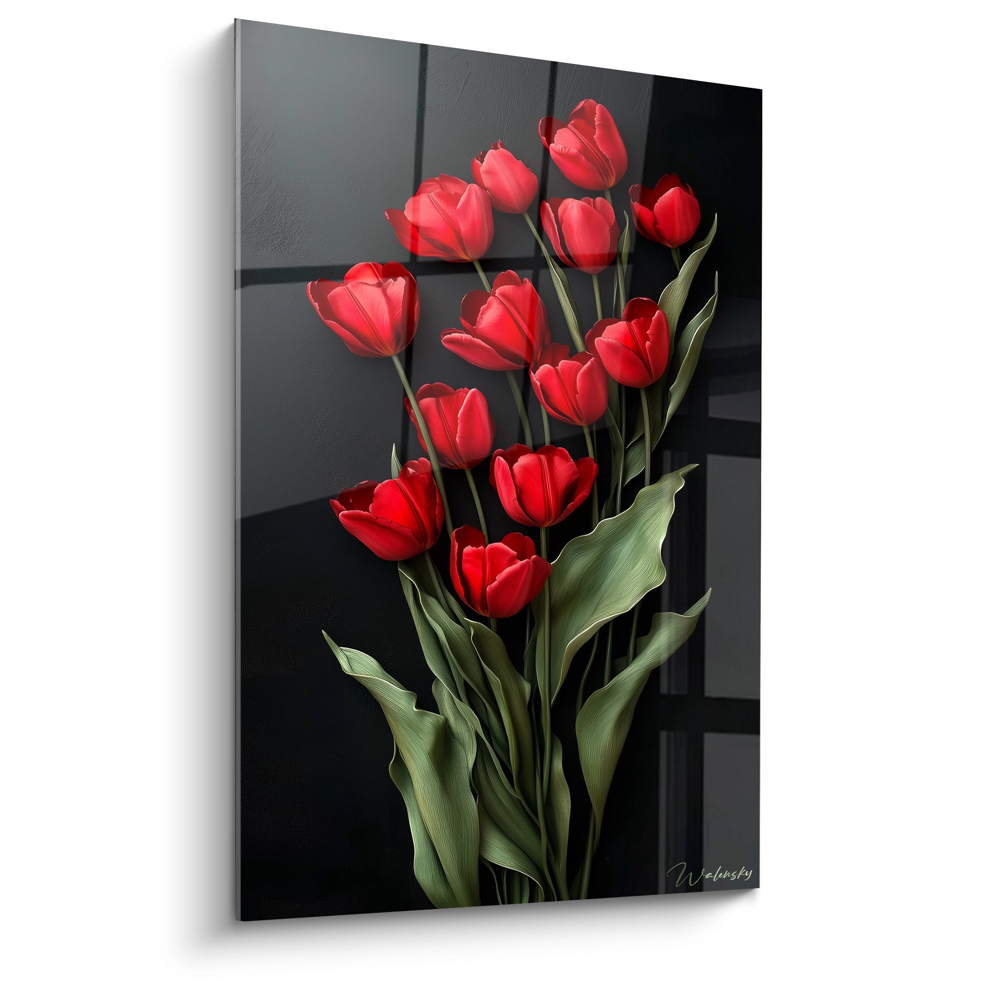 Un tableau Tulipe nature représentant un bouquet de tulipes rouges aux pétales lisses, accompagné de feuilles vertes texturées sur un fond noir uniforme, créant un contraste marqué entre les éléments.

