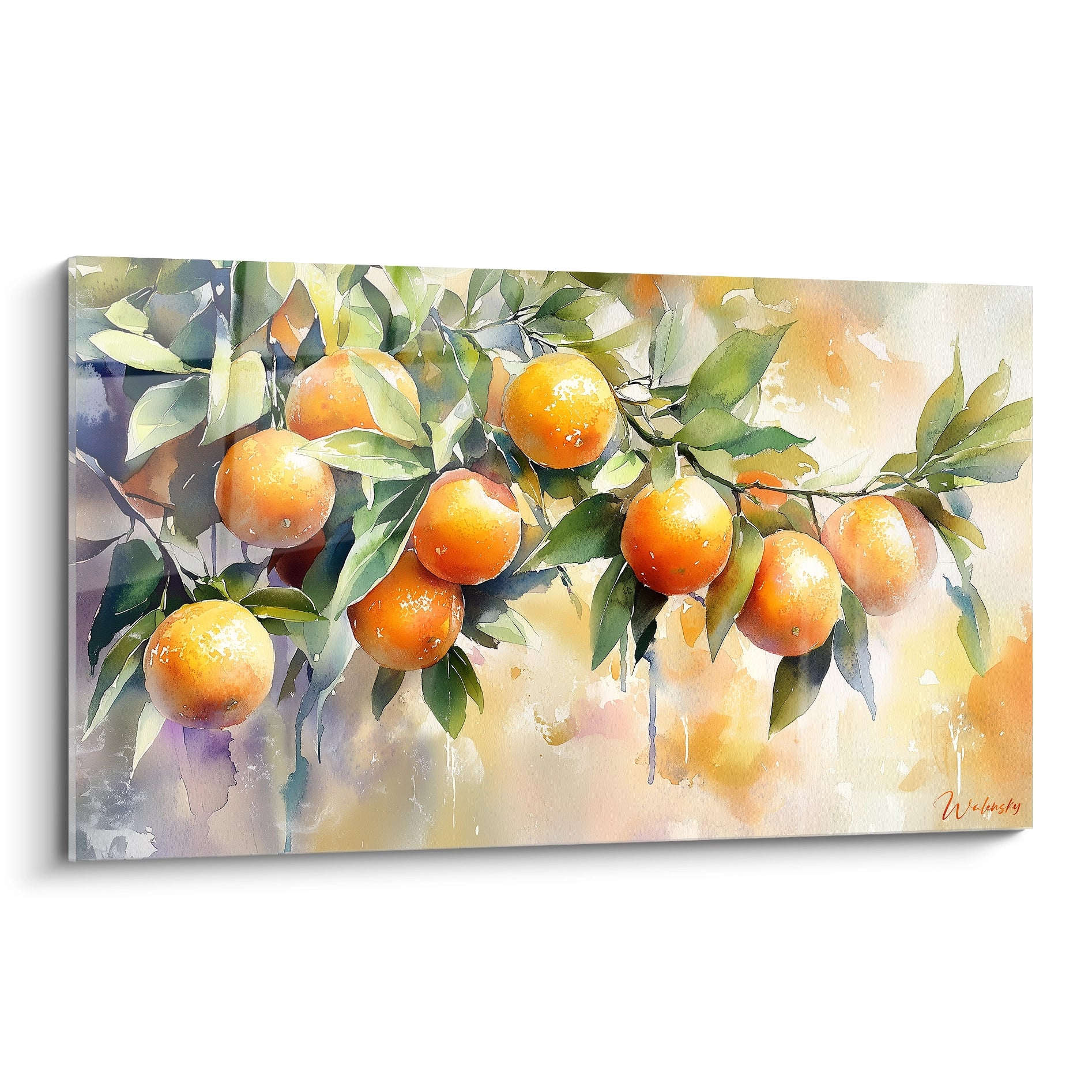 Un tableau Oranger nature illustrant des oranges suspendues à des branches vertes, avec un fond beige et doré. L'effet aquarelle crée des contours fondus et une texture fluide.

