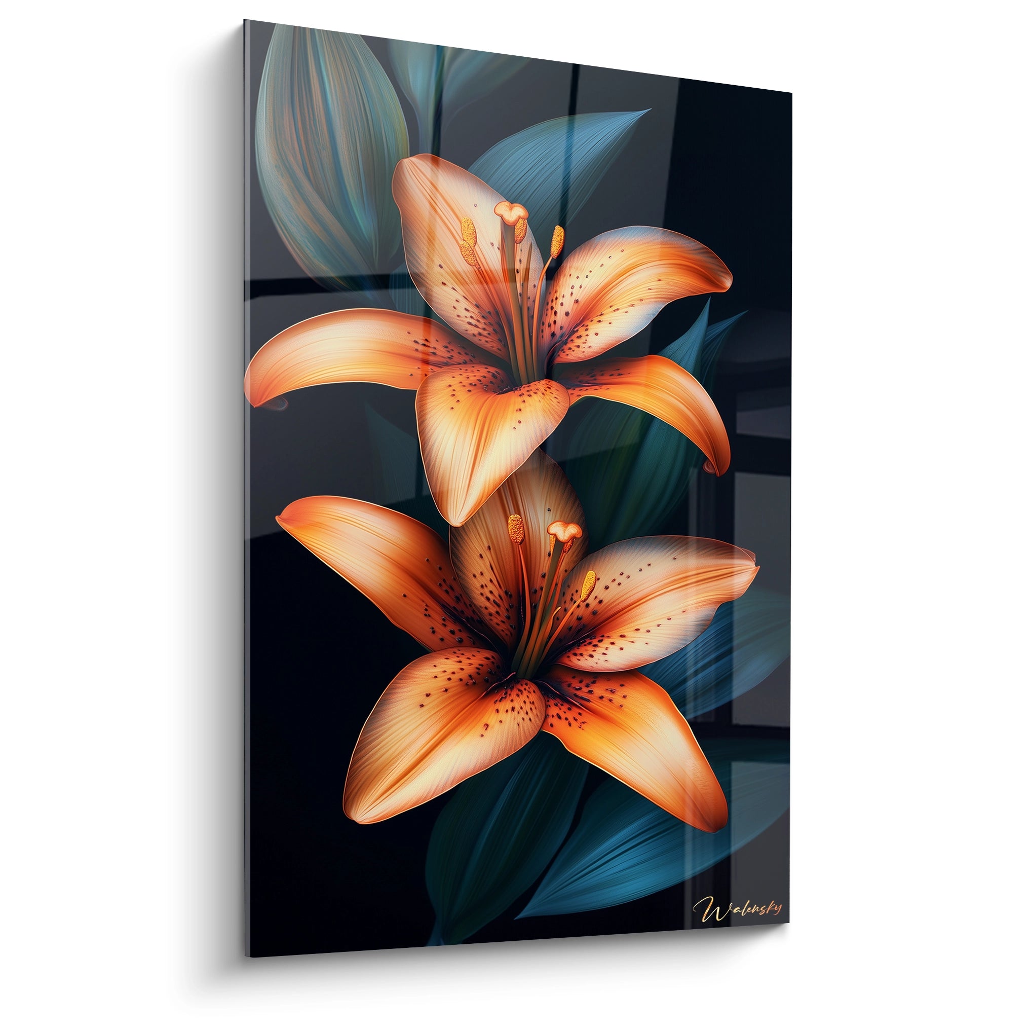 Un tableau canna nature illustrant deux fleurs orange vif aux pétales détaillés, avec des feuilles vertes sombres sur un fond noir profond, créant un contraste marqué et une texture lisse et dégradée.

