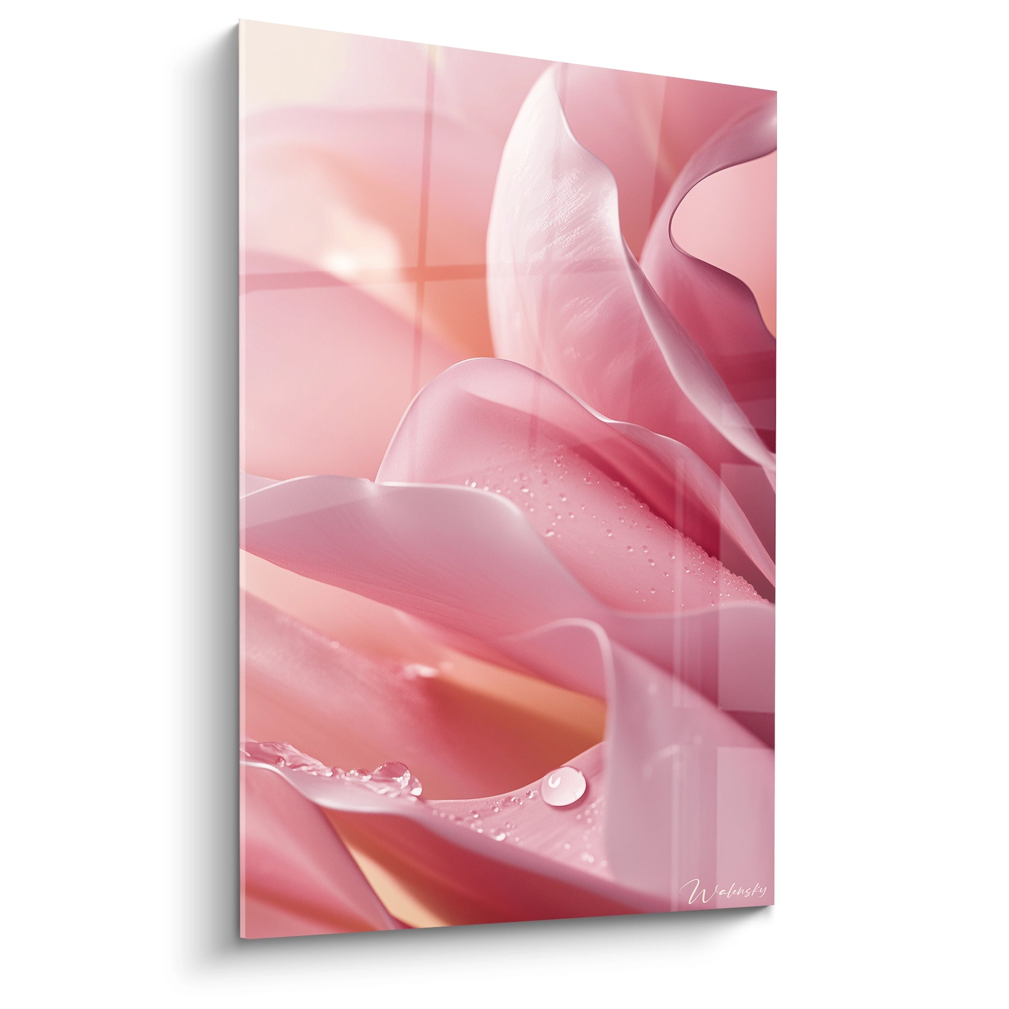 Un tableau Tulipe nature en gros plan, capturant des pétales aux tons rose poudré et or rose. Des gouttes d’eau visibles accentuent les textures lisses et satinées des formes florales.

