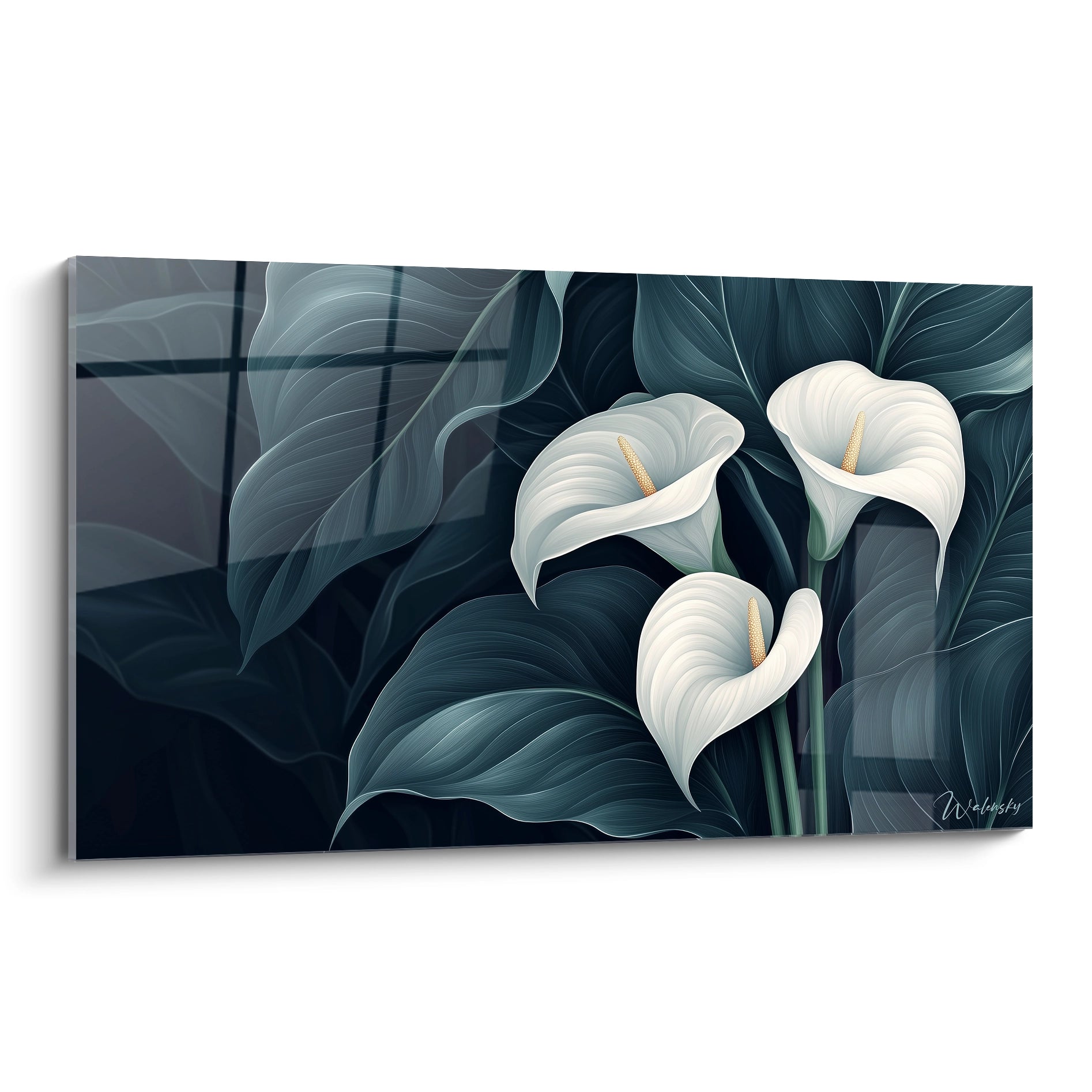 Un tableau Arum nature illustrant trois fleurs blanches aux pétales lisses et des feuilles vert foncé détaillées, avec des effets de texture douce et des ombrages subtils sur un fond sombre.

