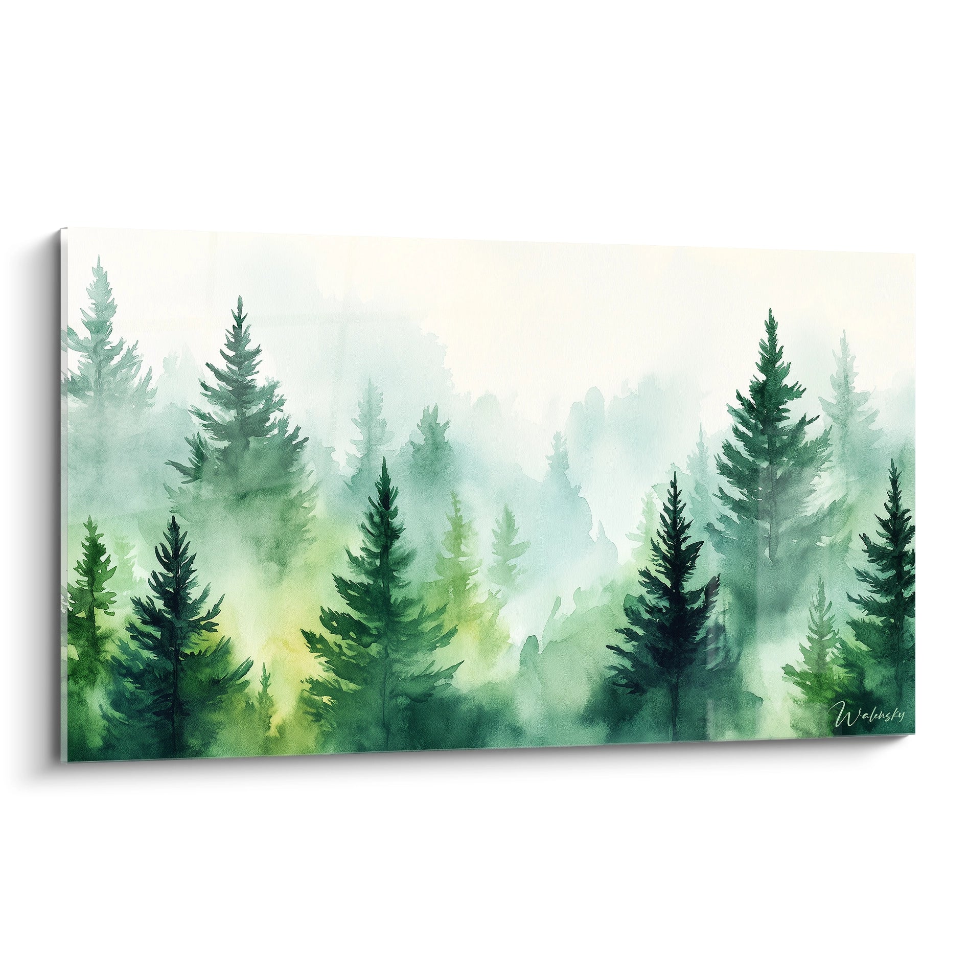 Un tableau Sapin nature représentant une forêt de conifères dans une brume légère, avec des tons verts, blancs et gris, des effets d’aquarelle diffus et des contours adoucis par la transparence.

