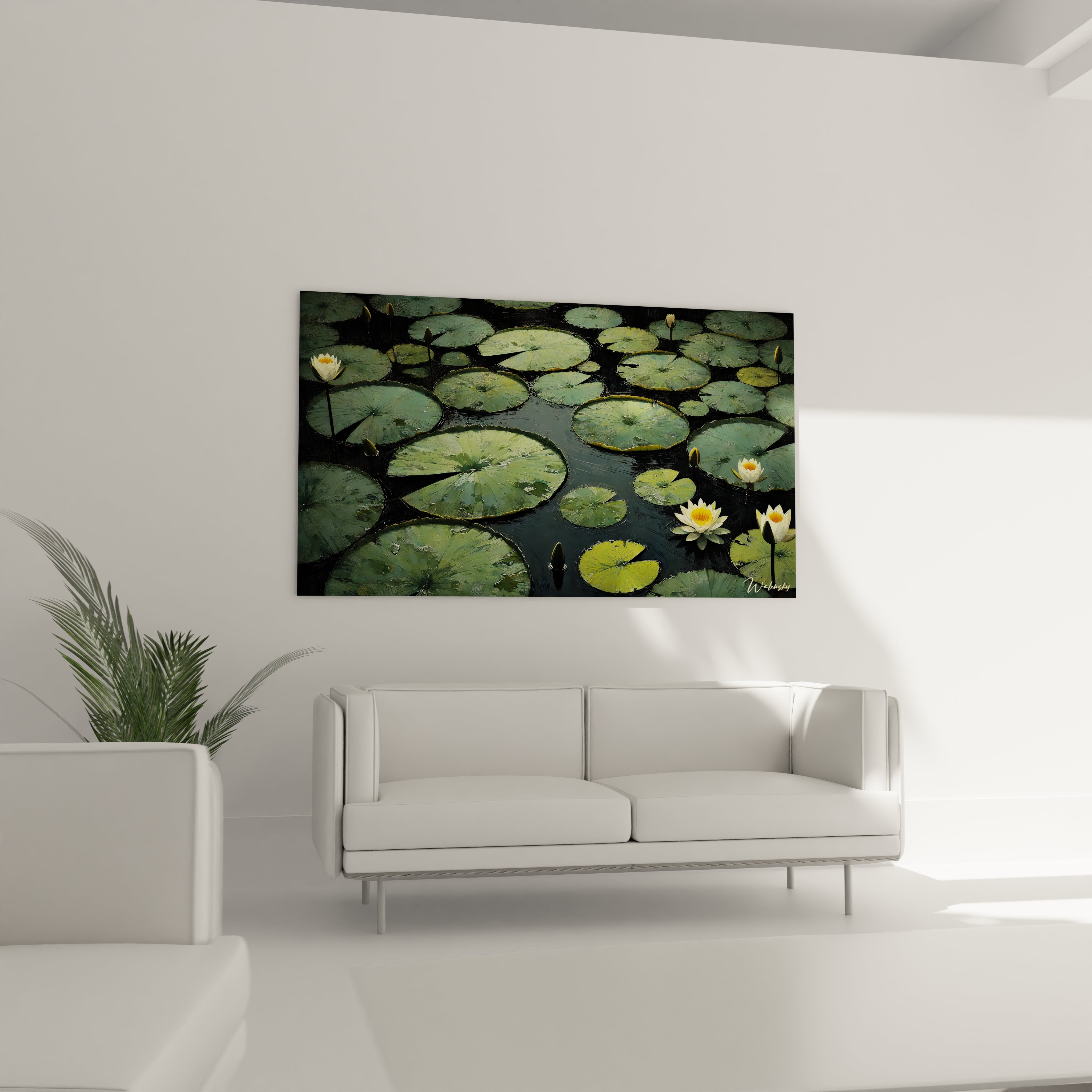 Tableau Nenuphare au-dessus d un canape dans un salon. Les reflets aquatiques et textures realistes apportent une touche de nature apaisante, parfait pour la contemplation.

