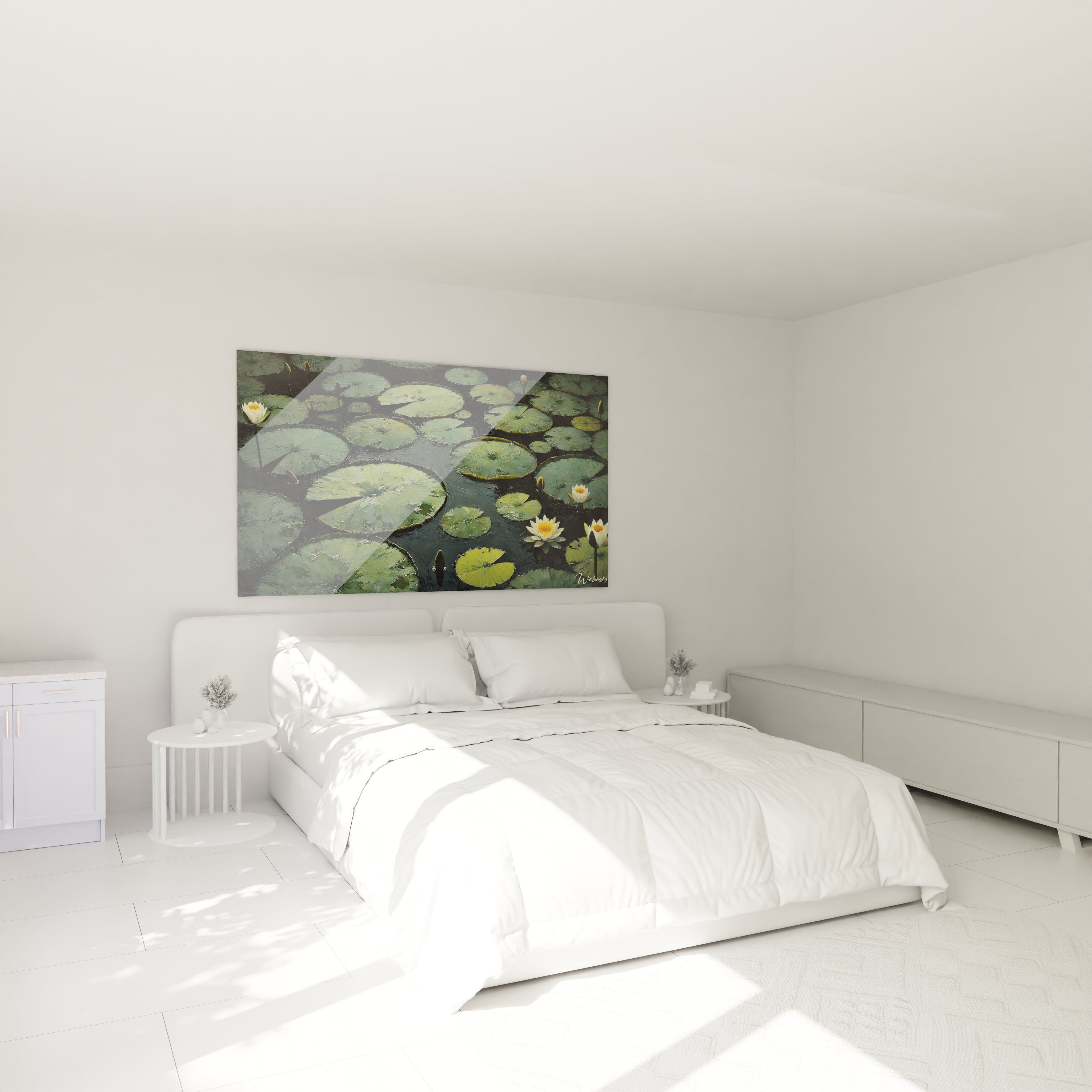 Tableau Nenuphare accroche dans une chambre au-dessus du lit, apportant calme et purete avec ses nuances de vert et ses fleurs blanches. Ideal pour creer une ambiance relaxante.

