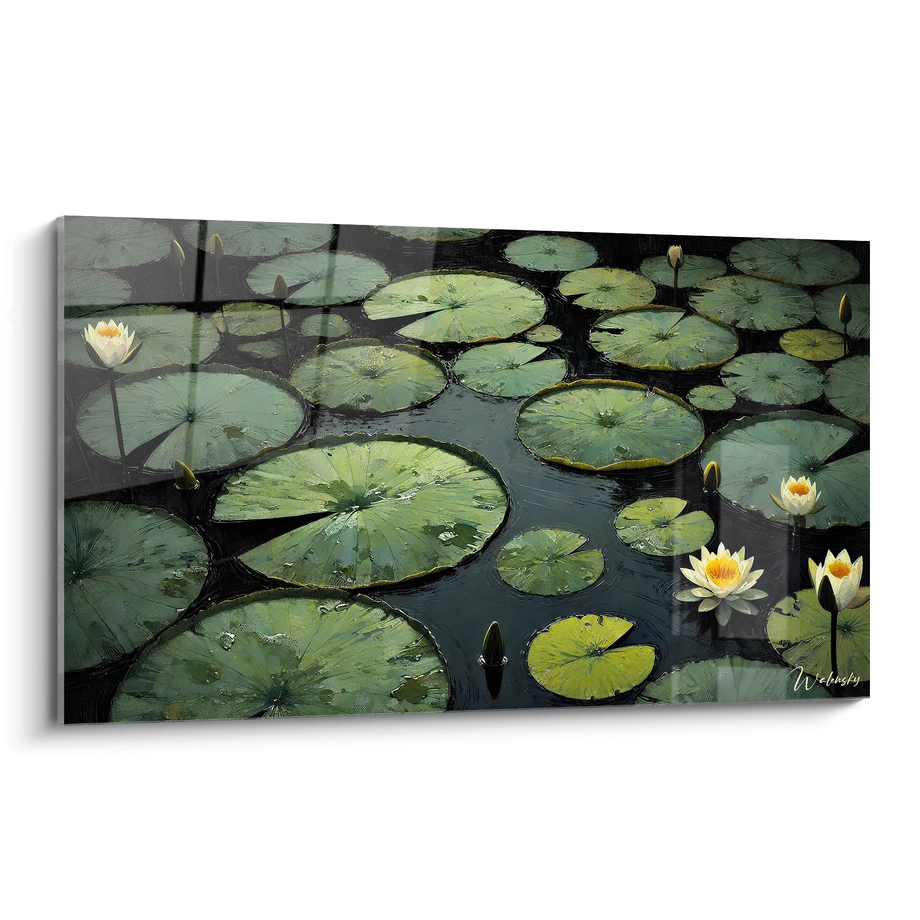 Tableau Nenuphare vu de biais capturant la poesie apaisante d un etang calme. Les details minutieux des feuilles et fleurs flottantes evoquent serenite et contemplation.

