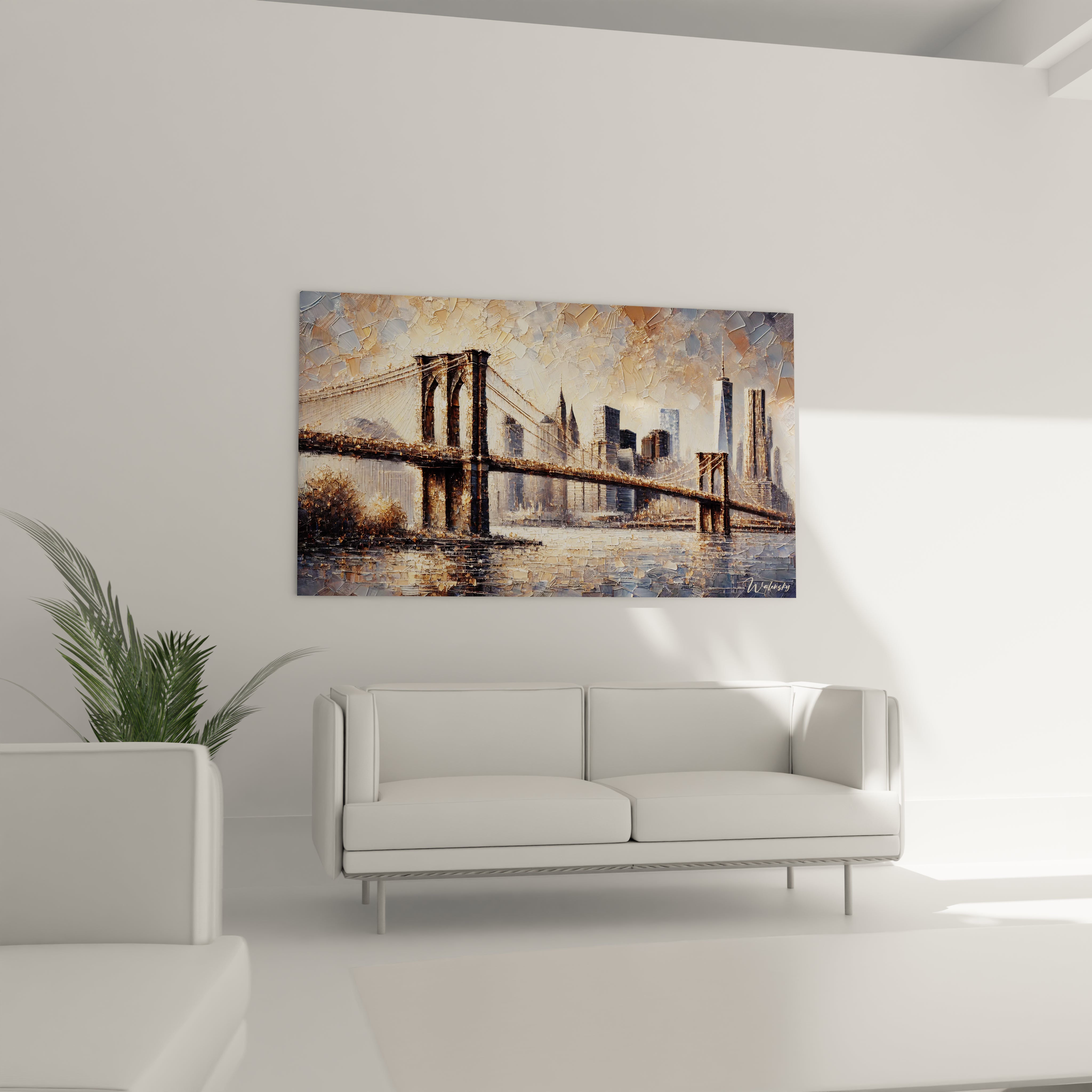 tableau Brooklyn Bridge placé au mur dans un salon, au-dessus d’un canapé, sublime l’espace avec ses lignes majestueuses et ses tons chaleureux, créant une atmosphère moderne et urbaine.

