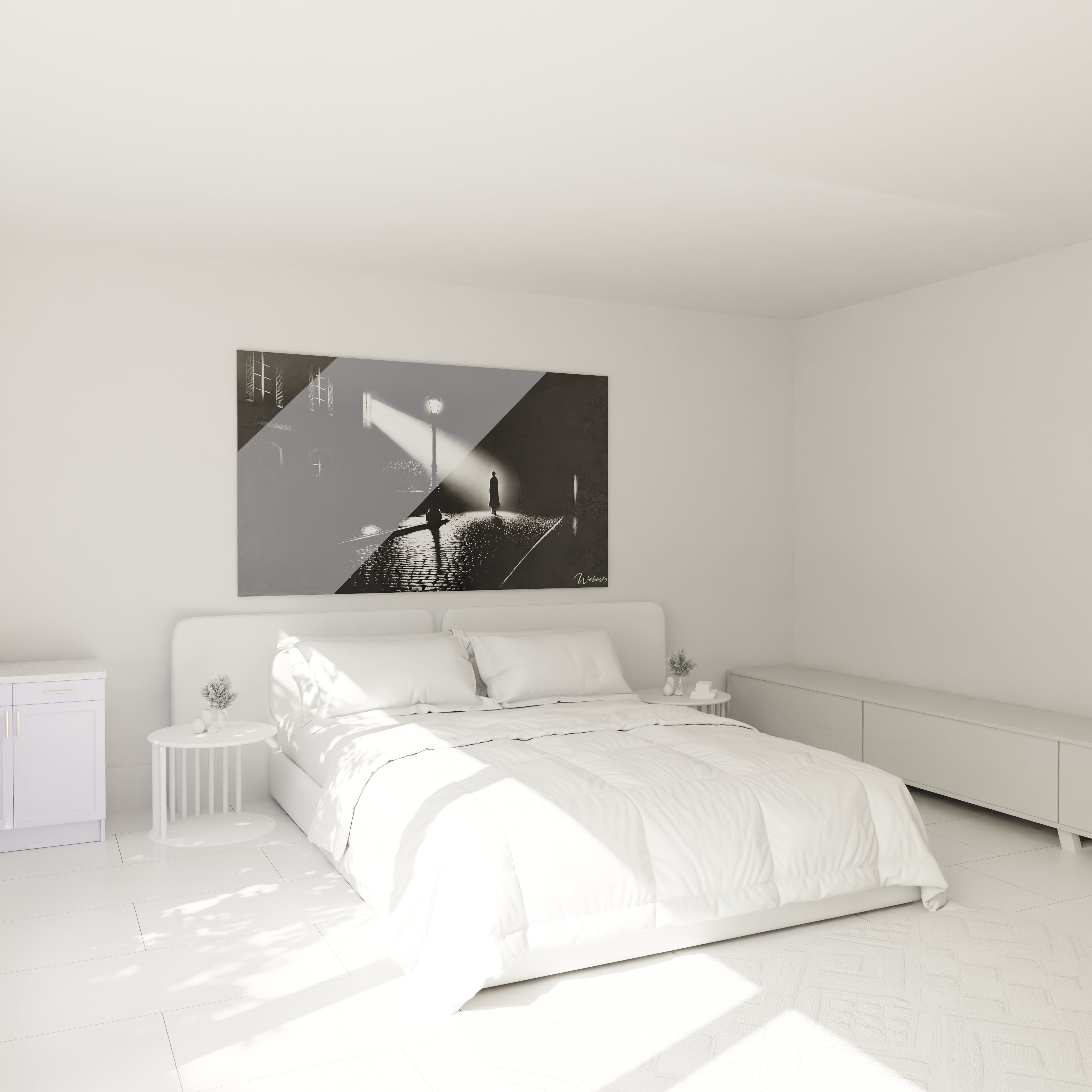 tableau noir et blanc accroché au mur d'une chambre au-dessus du lit créant une atmosphère apaisante et contemplative avec des jeux d'ombres et de lumière

