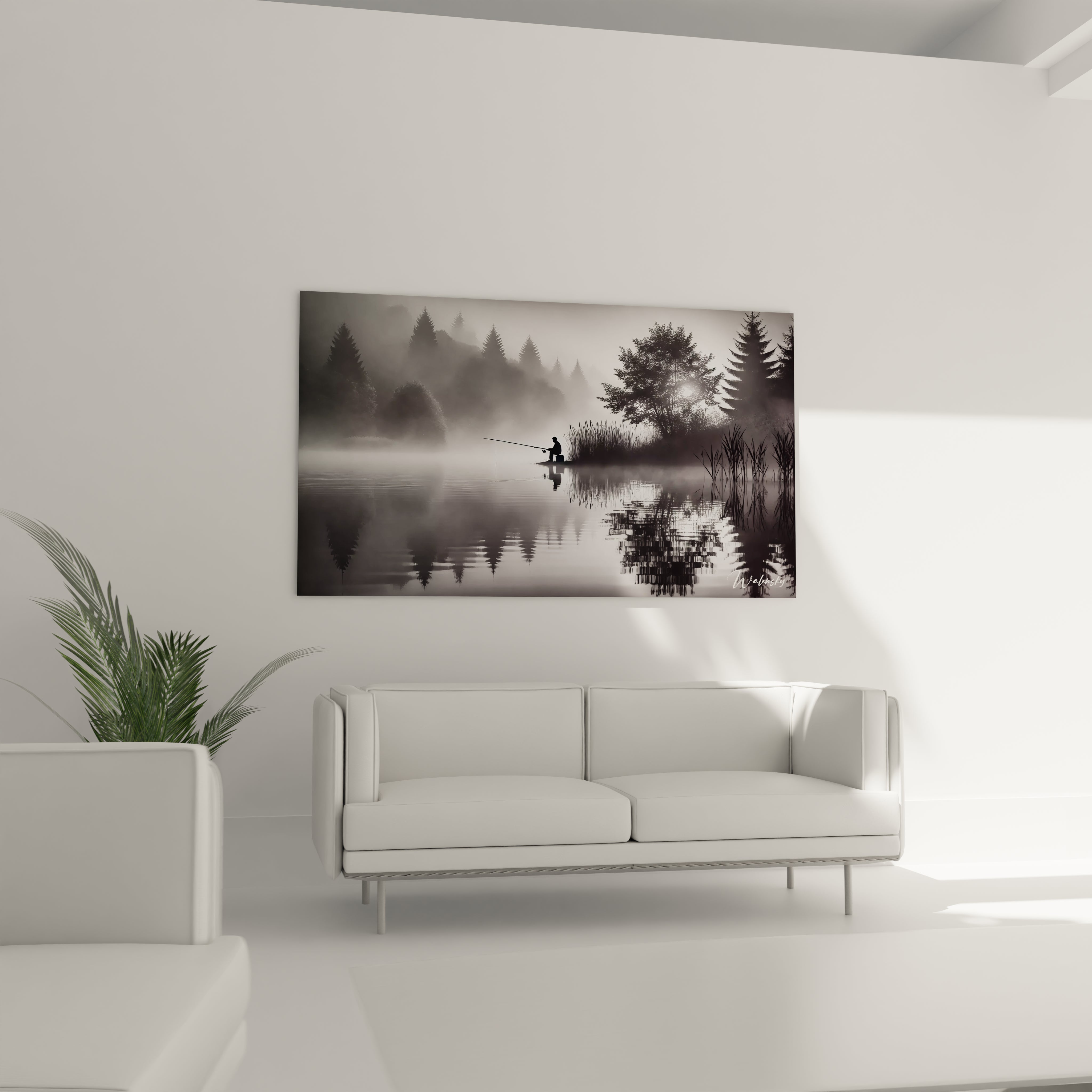 tableau noir et blanc au-dessus du lit dans une chambre ambiance relaxante reflets apaisants roseaux minimalistes brume légère contrastes sobres apportant quiétude et harmonie au décor élégant

