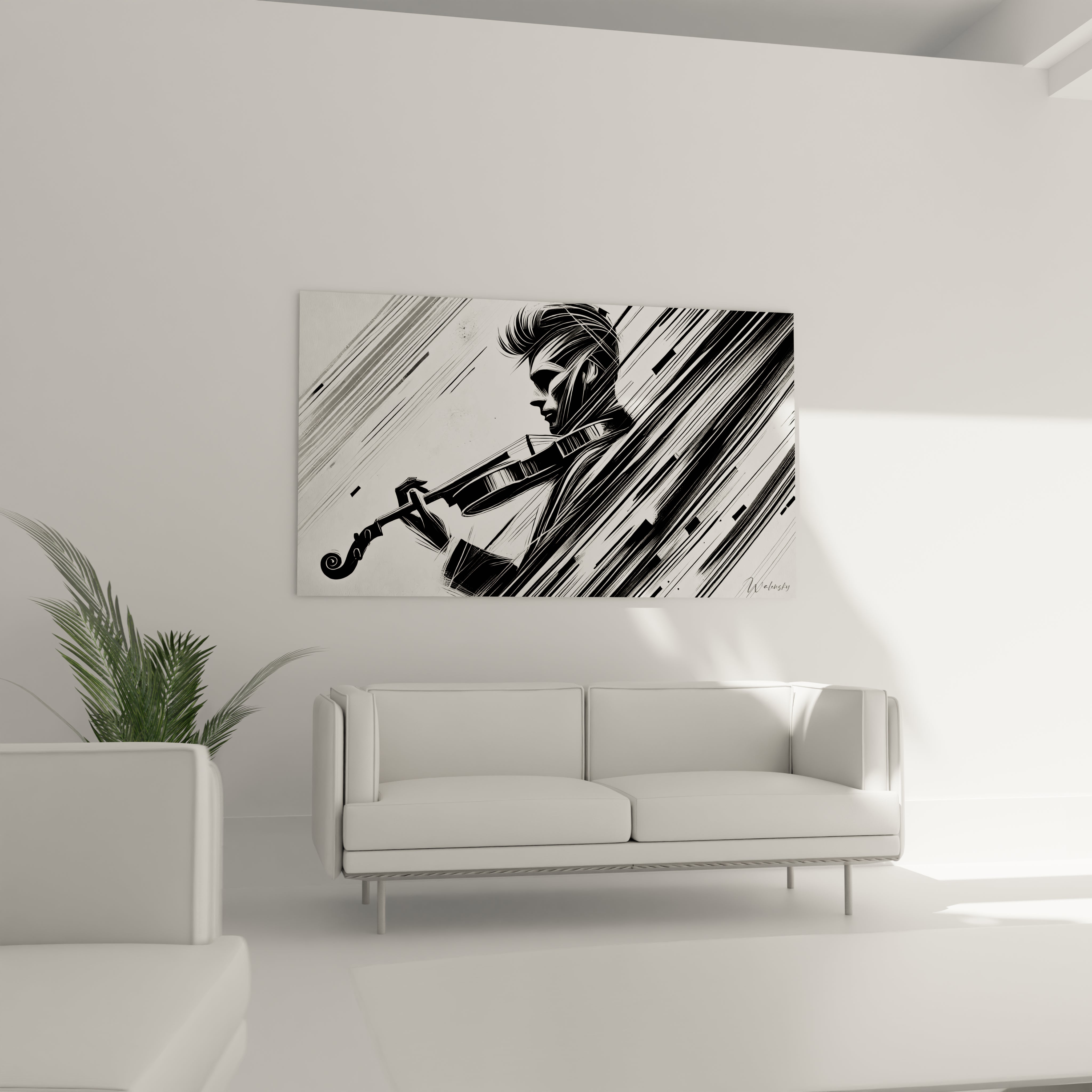 tableau noir et blanc salon décor dynamique accroché au mur au-dessus d’un canapé silhouette violoniste mouvements puissants lumière et ombre style graphique minimaliste moderne

