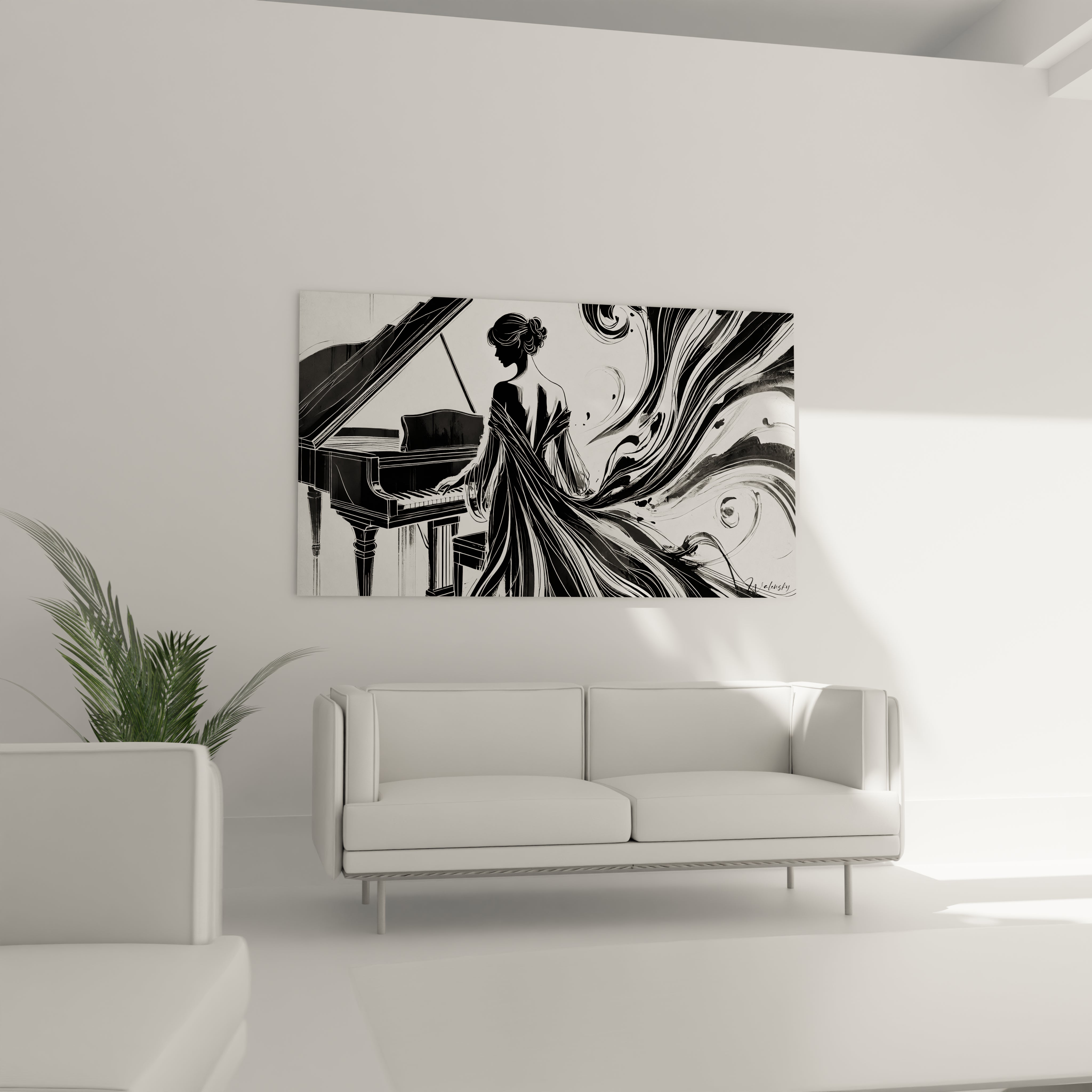 tableau noir et blanc au-dessus d'un canapé dans un salon contemporain silhouette féminine jouant du piano mouvement fluide et contrastes en nuances noires grises atmosphère artistique et sophistiquée

