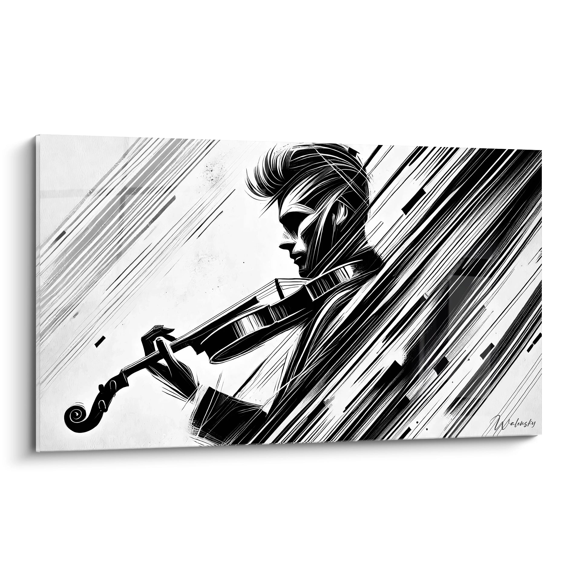 tableau noir et blanc vu de biais design moderne silhouette violoniste en mouvement traits lumineux noir blanc et gris dynamisme artistique contraste frappant rythme musical

