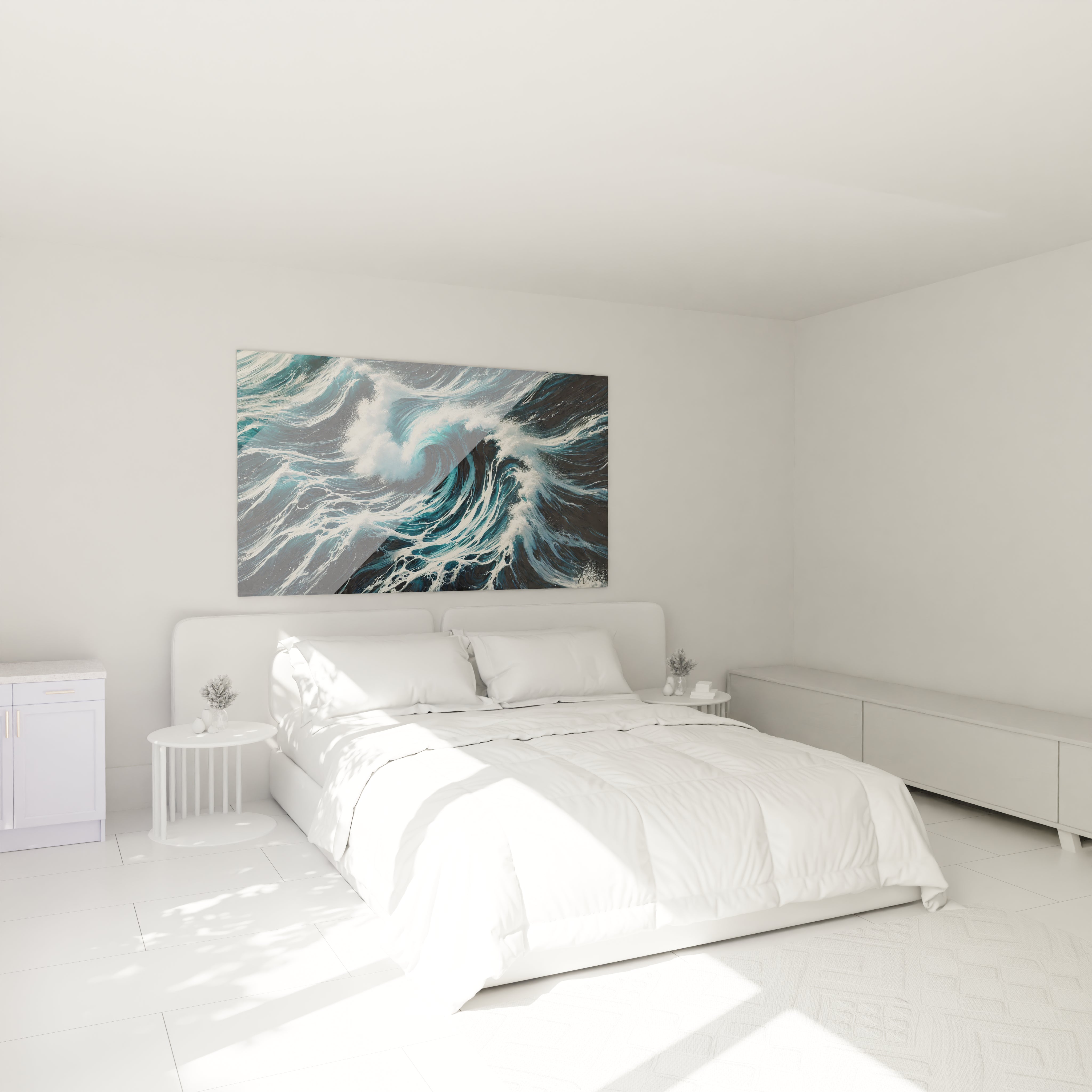 Ce tableau Ocean accroche dans une chambre au dessus du lit apporte une serenite enveloppante ses nuances de bleu et d ecume rappellent la grandeur apaisante de l ocean

