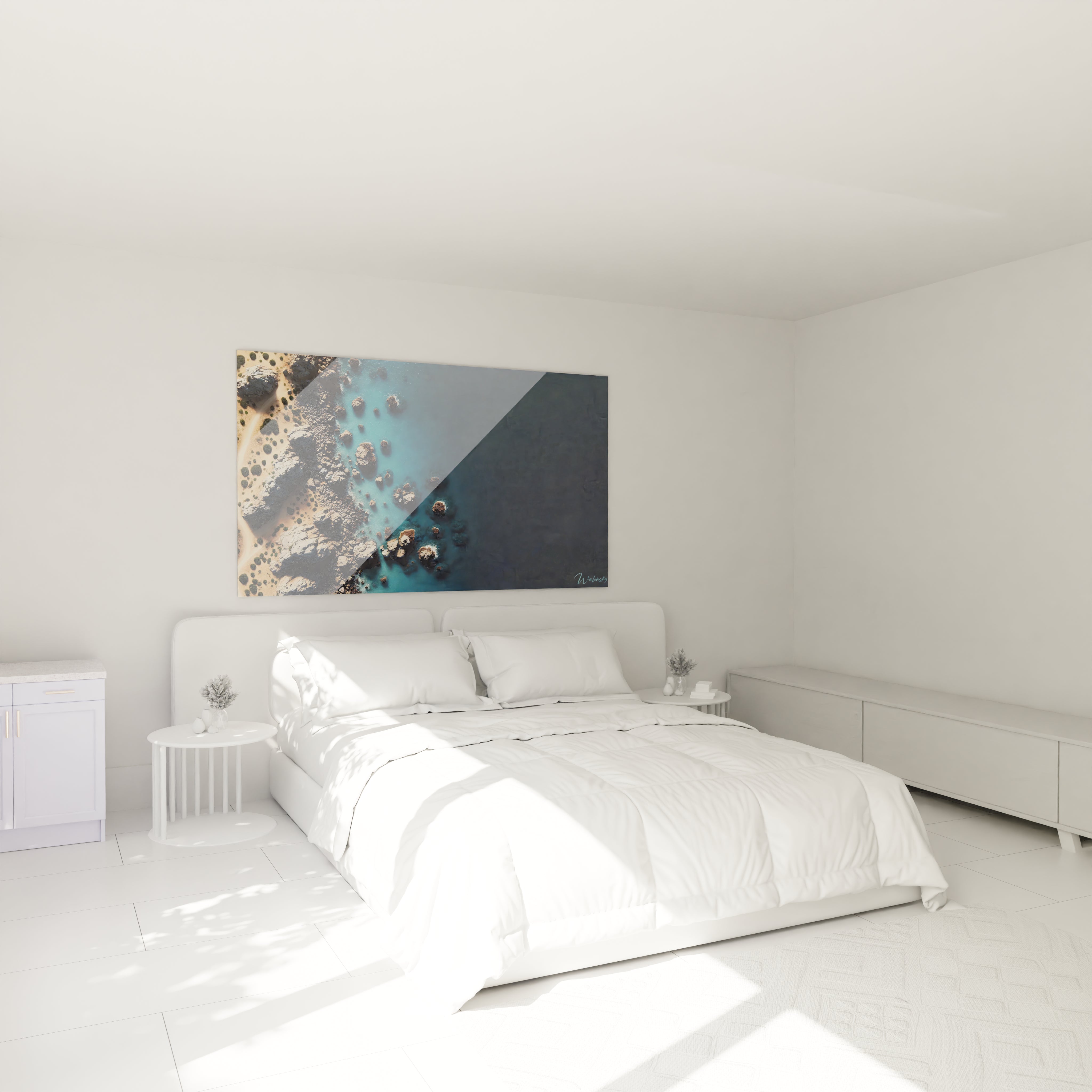 Tableau Ocean au-dessus du lit dans une chambre : une touche de sérénité et de nature avec ce tableau Ocean aux teintes de bleu et beige pour un espace de repos et de contemplation

