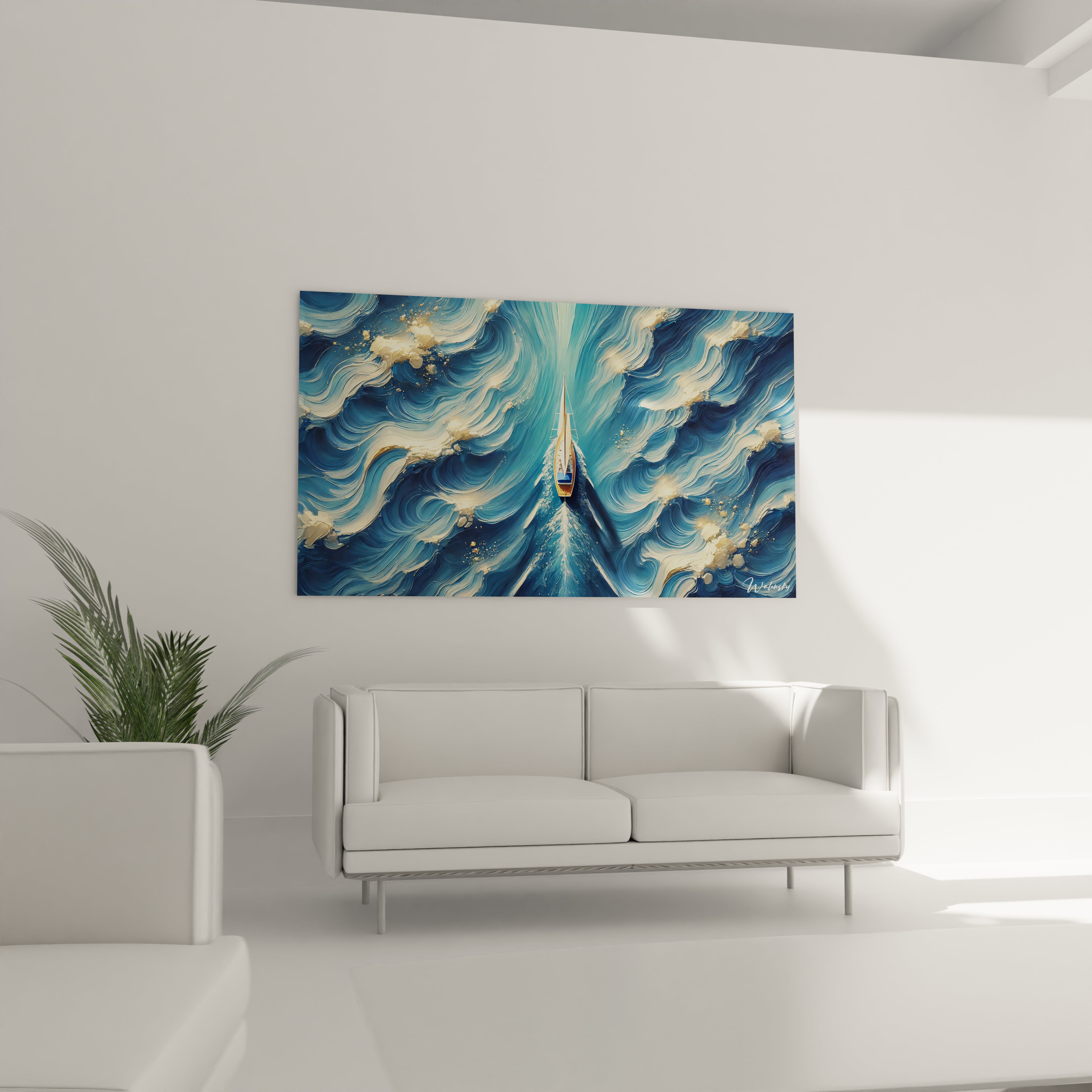 Tableau Ocean dans un salon au dessus du canape apportant profondeur et evasion L ocean abstrait aux teintes de bleu et or invite a un moment de contemplation et de liberte

