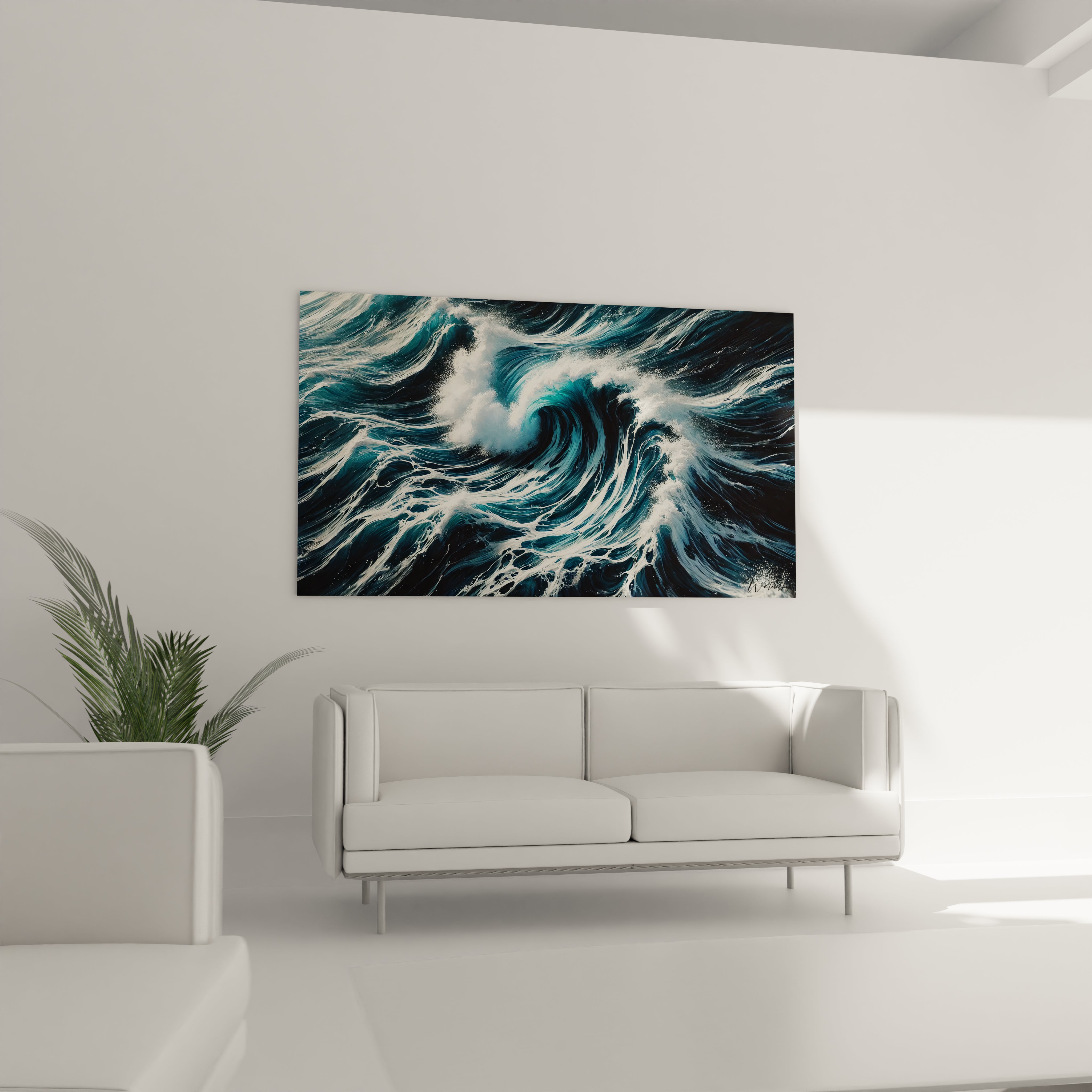 Dans le salon ce tableau Ocean au dessus du canape insuffle une energie sauvage avec ses vagues tourbillonnantes il devient le point focal de la piece

