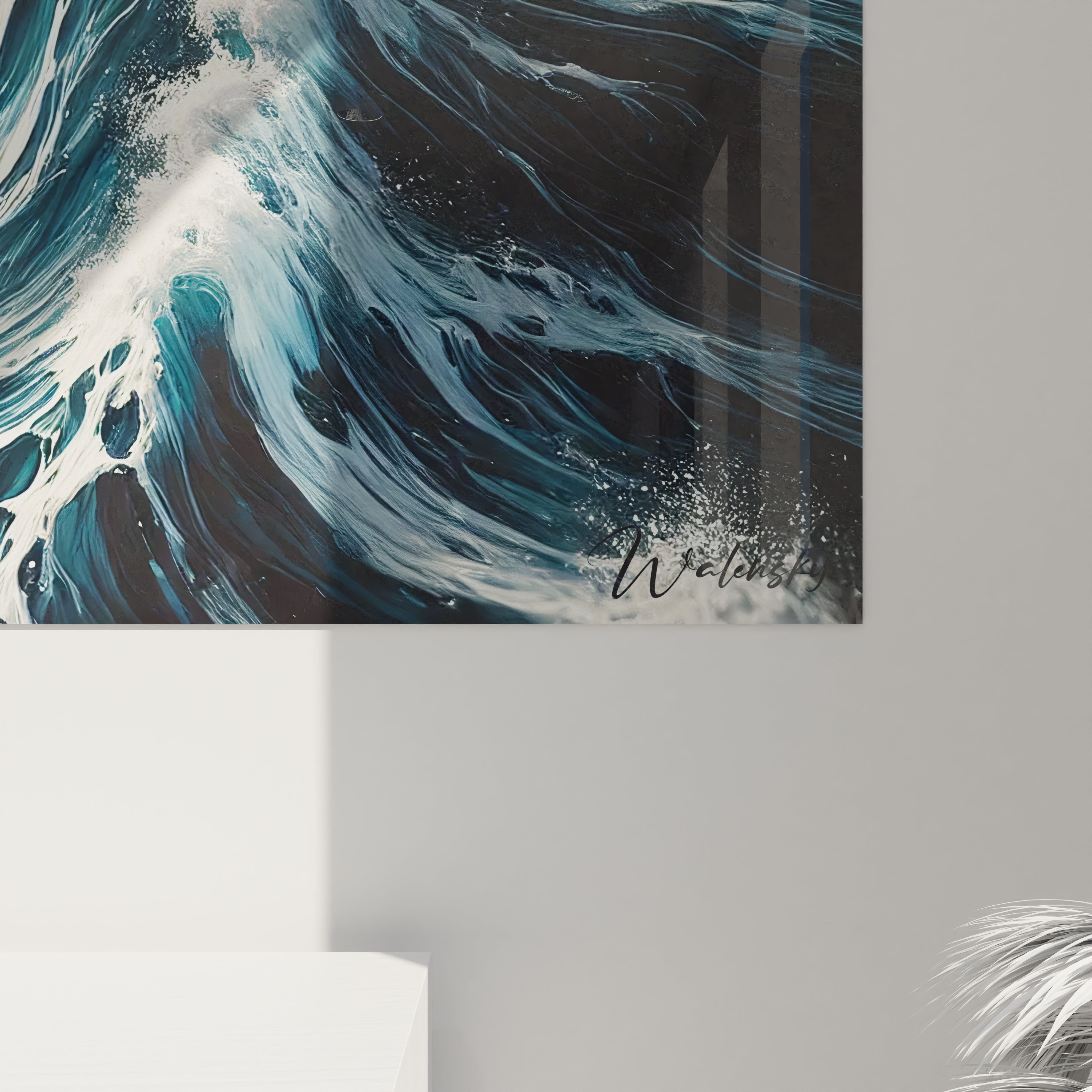 Vue de pres de ce tableau Ocean avec des details subtils d ecume et de bleus profonds un rendu realiste presque abstrait capturant la vivacite des elements






