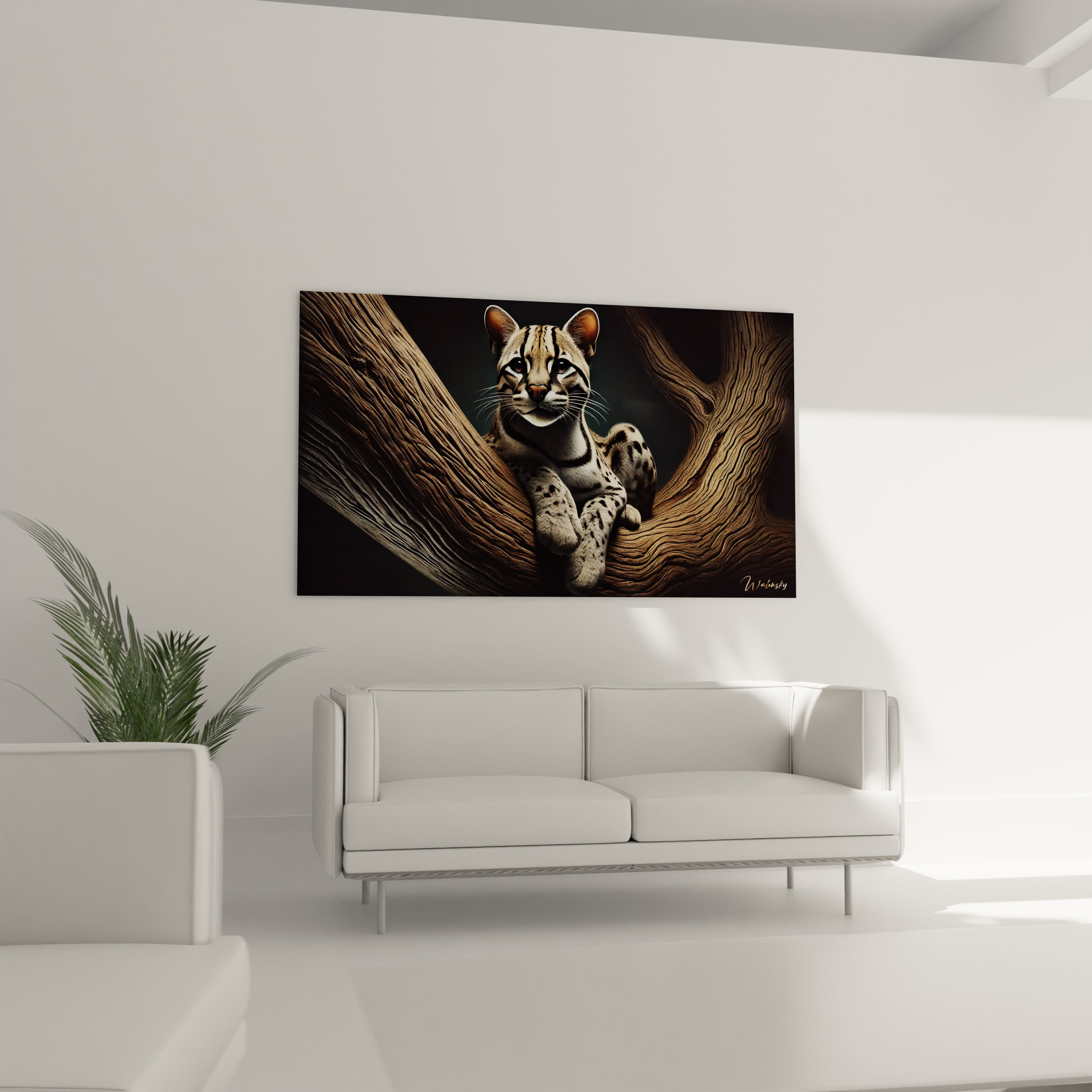 Ce tableau ocelot sublime votre salon avec sa presence saisissante. Installe au-dessus du canape, il apporte un contraste parfait entre nature sauvage et decoration elegante.

