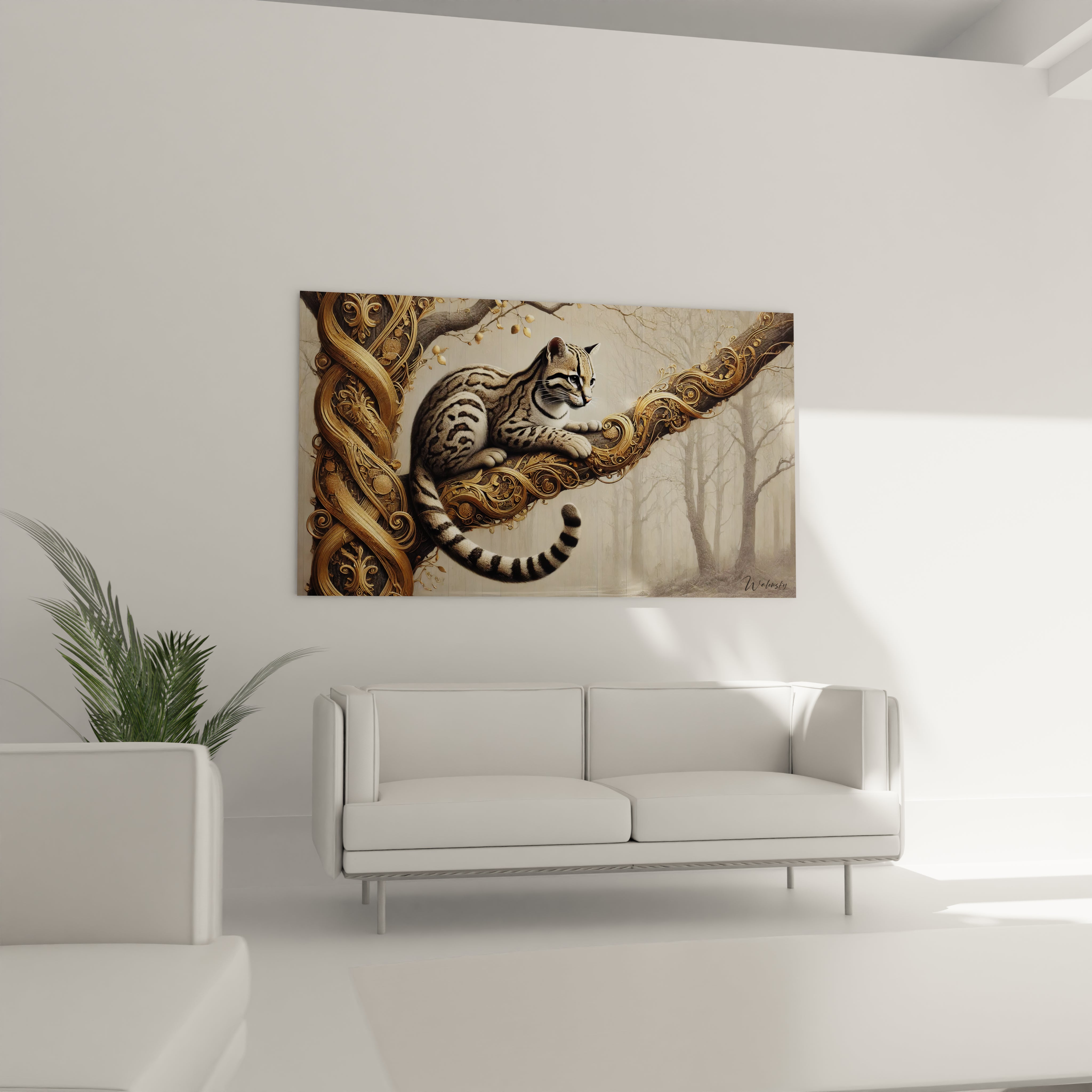 tableau ocelot elegant accroche dans un salon au dessus du canape, il attire l oeil avec ses contrastes entre realisme et ornement dore. Ideal pour un interieur moderne et raffine.

