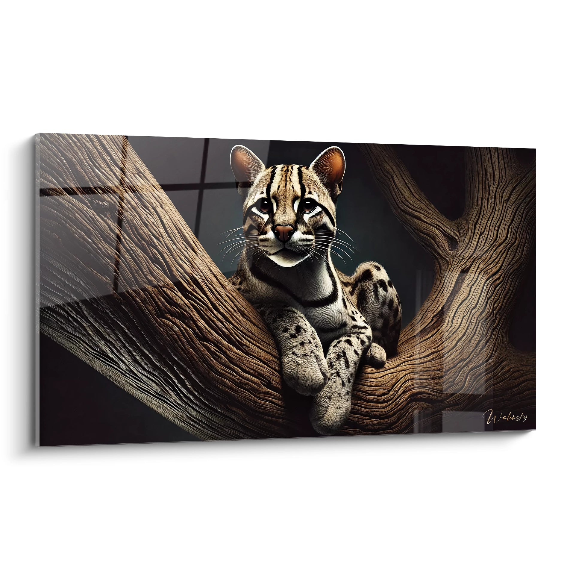 tableau ocelot vu de biais, capture parfaitement la serenite et la puissance de ce magnifique felin sauvage. L'approche realiste et le contraste des couleurs apportent une touche unique a votre interieur.

