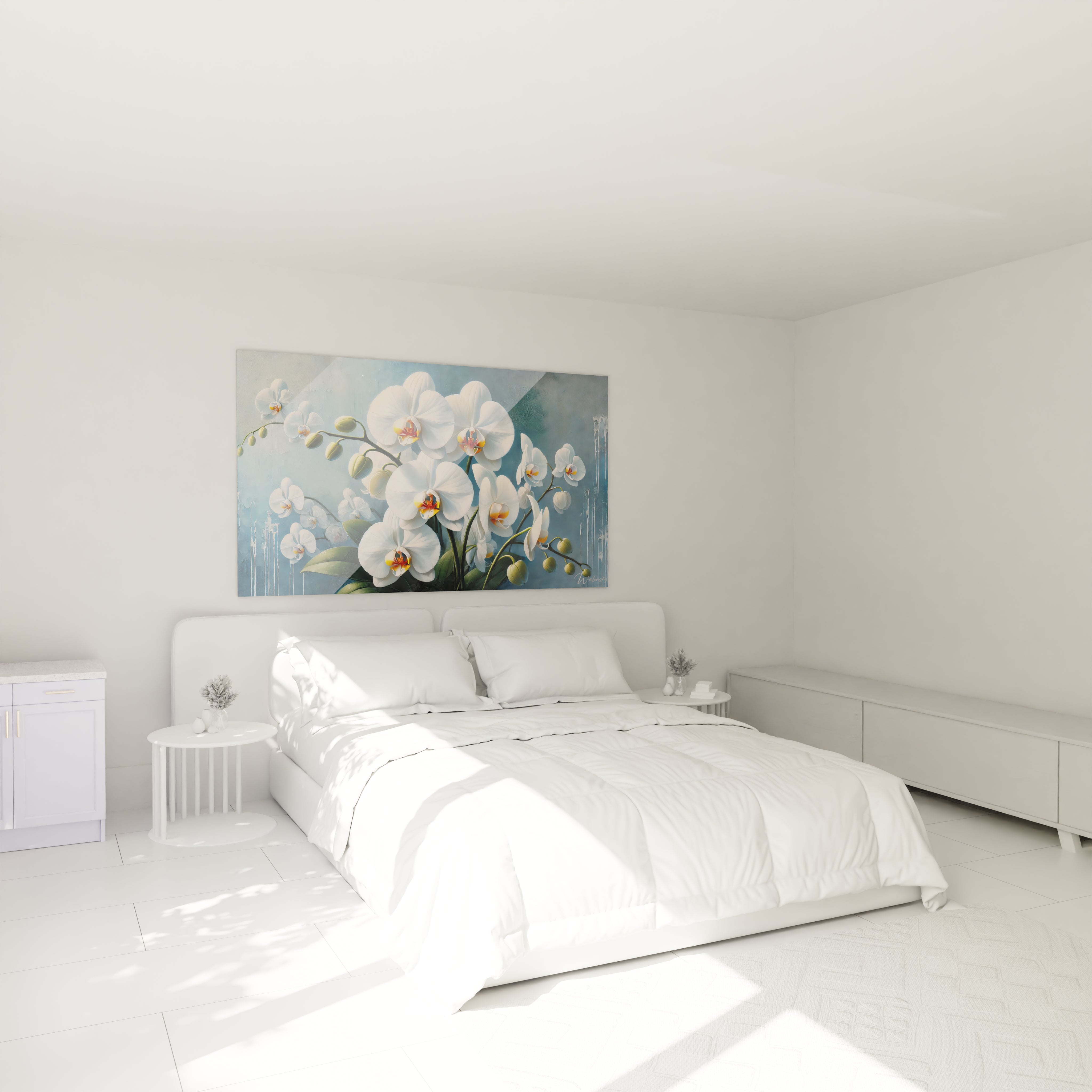 Tableau Orchidée dans une chambre : un accent de serenite au-dessus du lit. L'eclat blanc des fleurs contraste harmonieusement avec le bleu, pour une chambre empreinte de grace.

