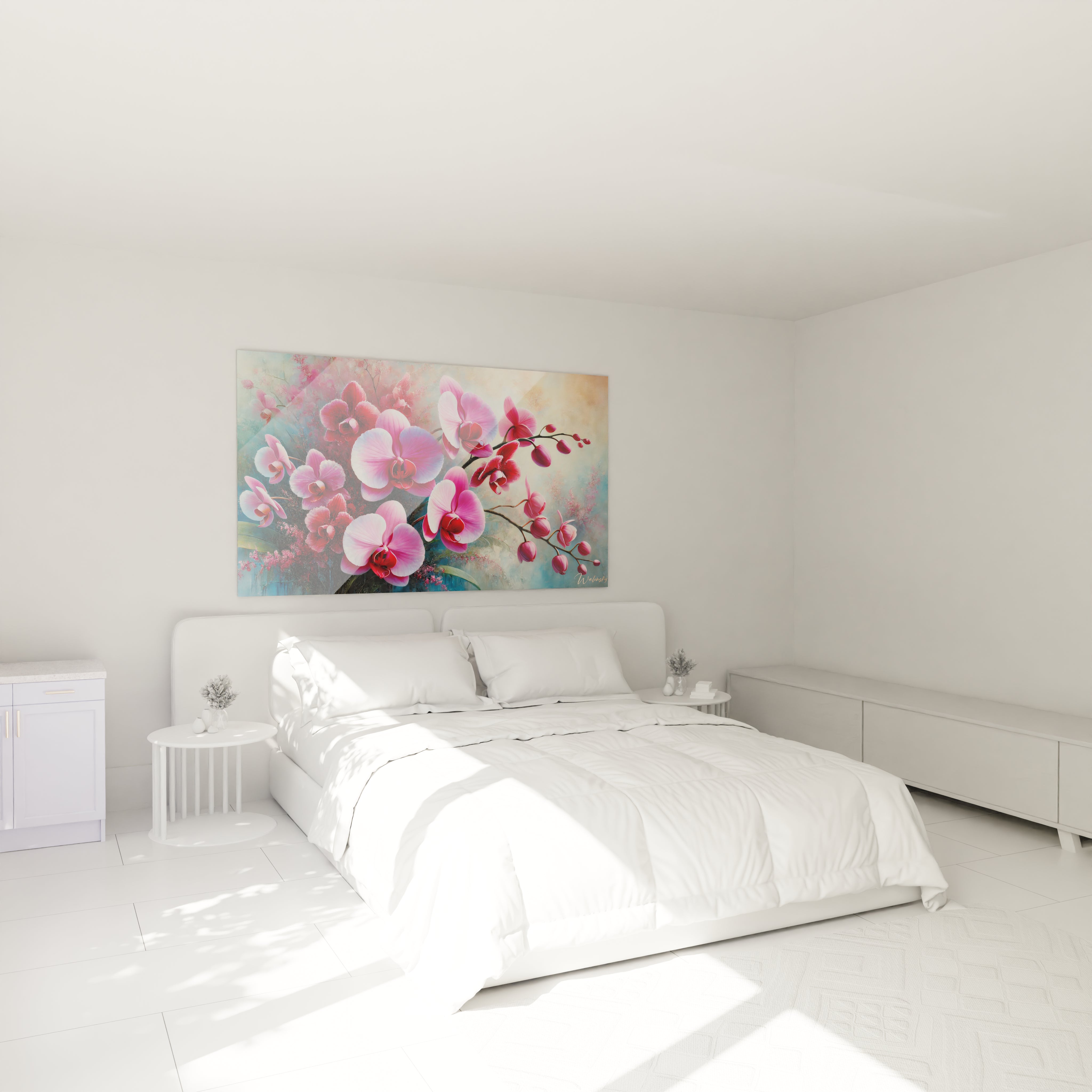 Ce tableau Orchidee au-dessus du lit dans la chambre ajoute une touche de romantisme et de douceur grace a ses tons roses et rouges, sublimant l’espace avec elegance et vitalite.

