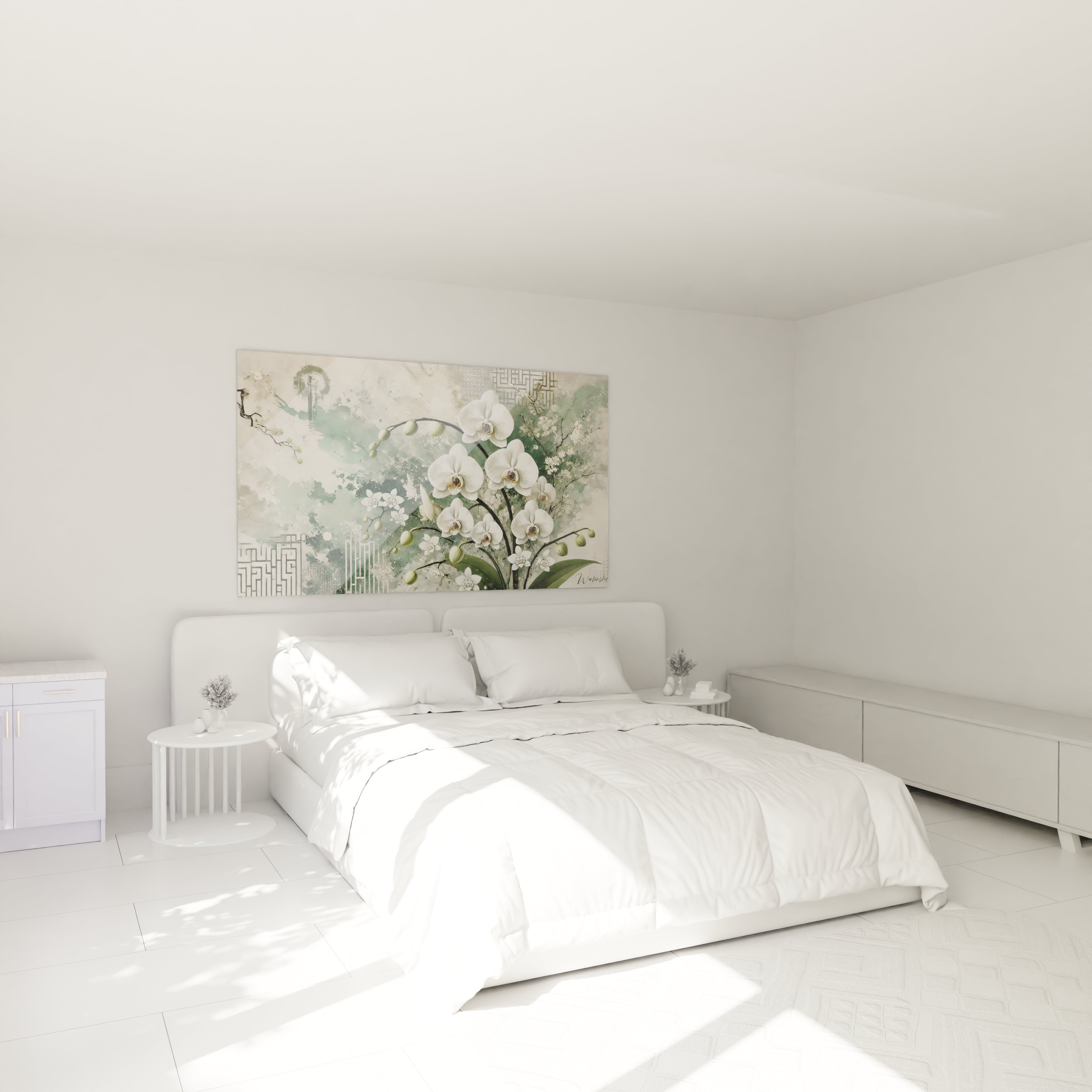 tableau Orchidee accroche au mur dans une chambre au-dessus du lit apportant une atmosphere apaisante et elegante avec des touches de blanc vert et beige pour un espace de detente

