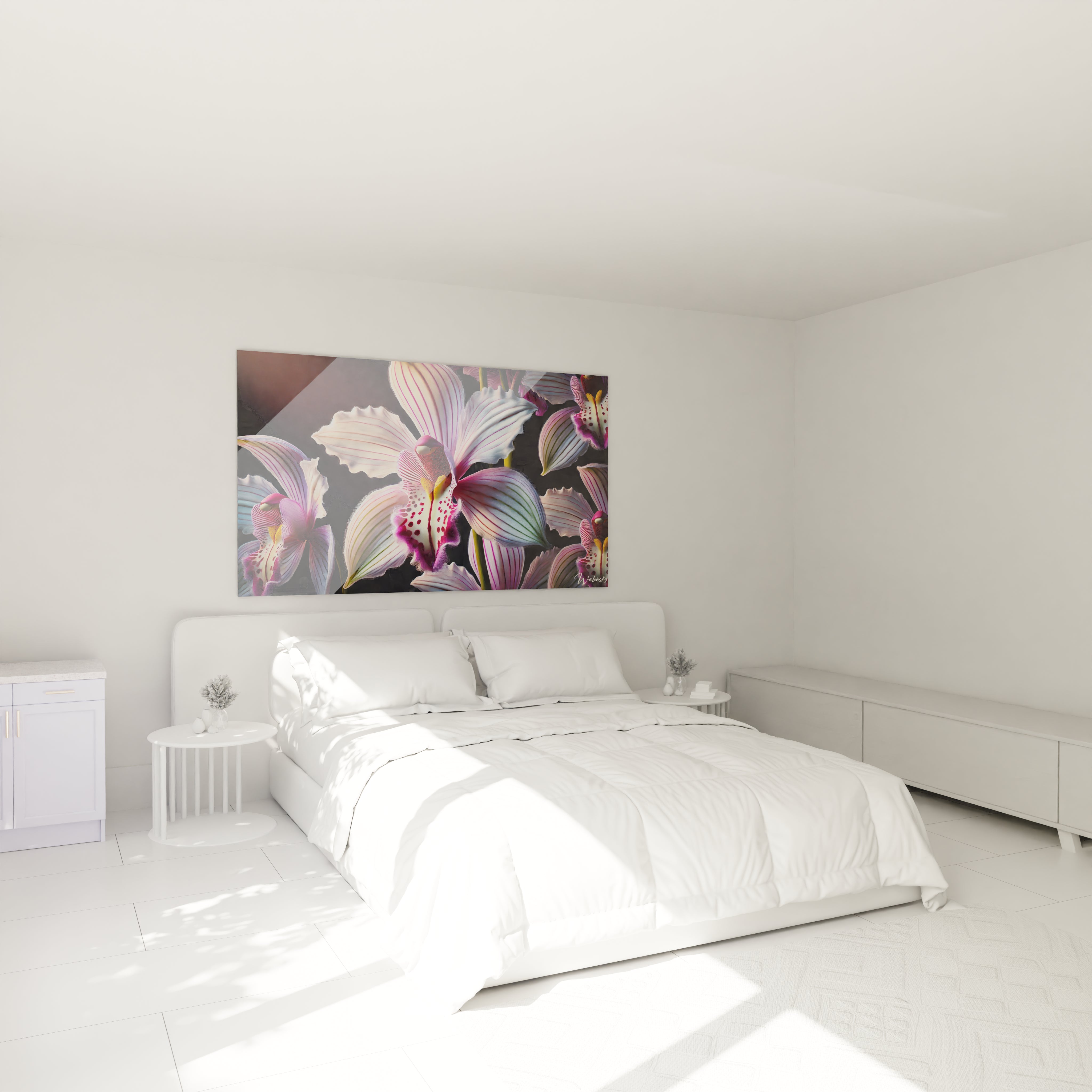 Dans une chambre paisible, ce tableau Orchidée au-dessus du lit apporte une ambiance poétique et élégante. Les teintes rose et blanc illuminent l'espace et ajoutent une touche de nature exquise.

