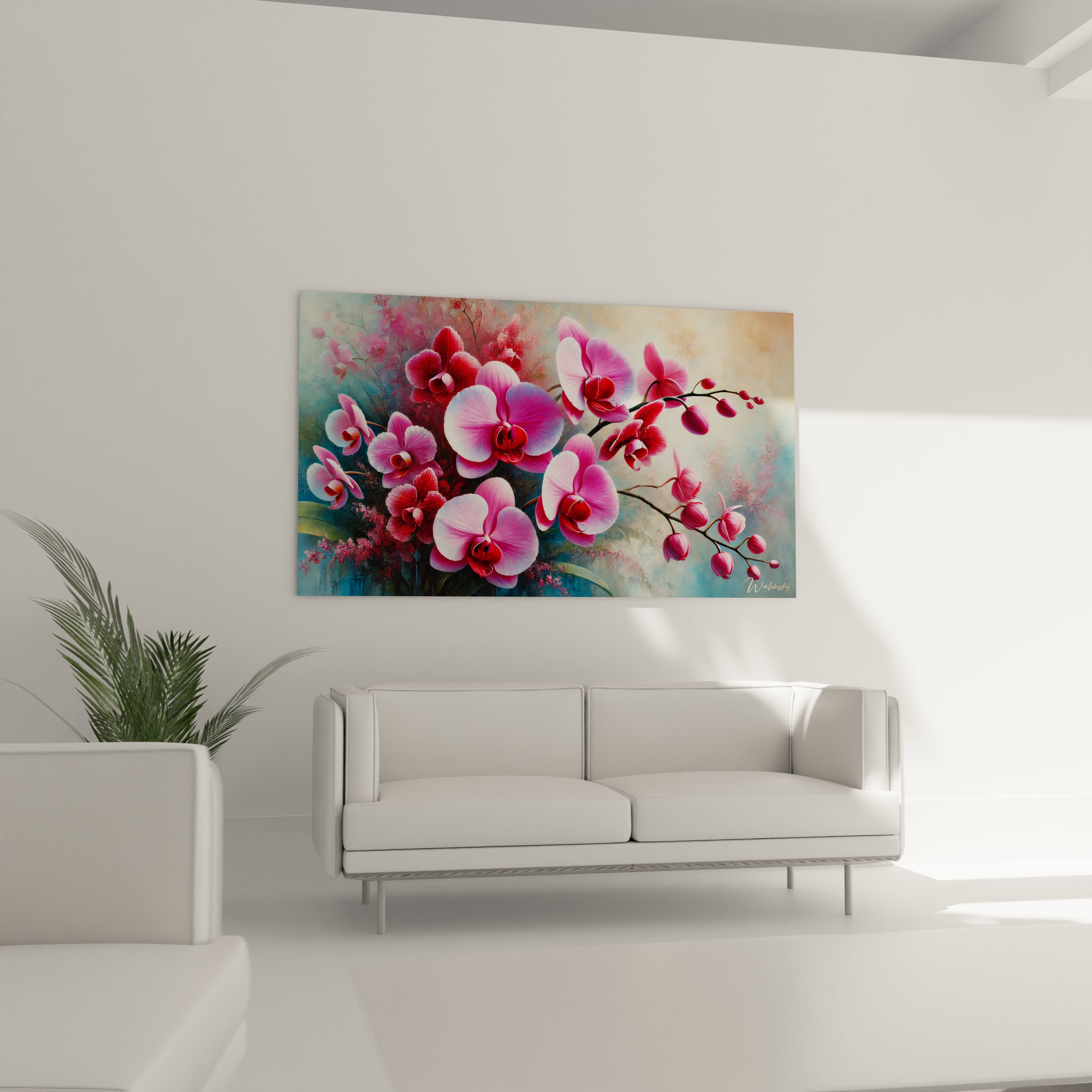 Tableau Orchidee au-dessus du canape dans le salon. Ses couleurs vives et son contraste attirent la lumiere, creant une atmosphere fraiche et captivante pour sublimer votre decor.

