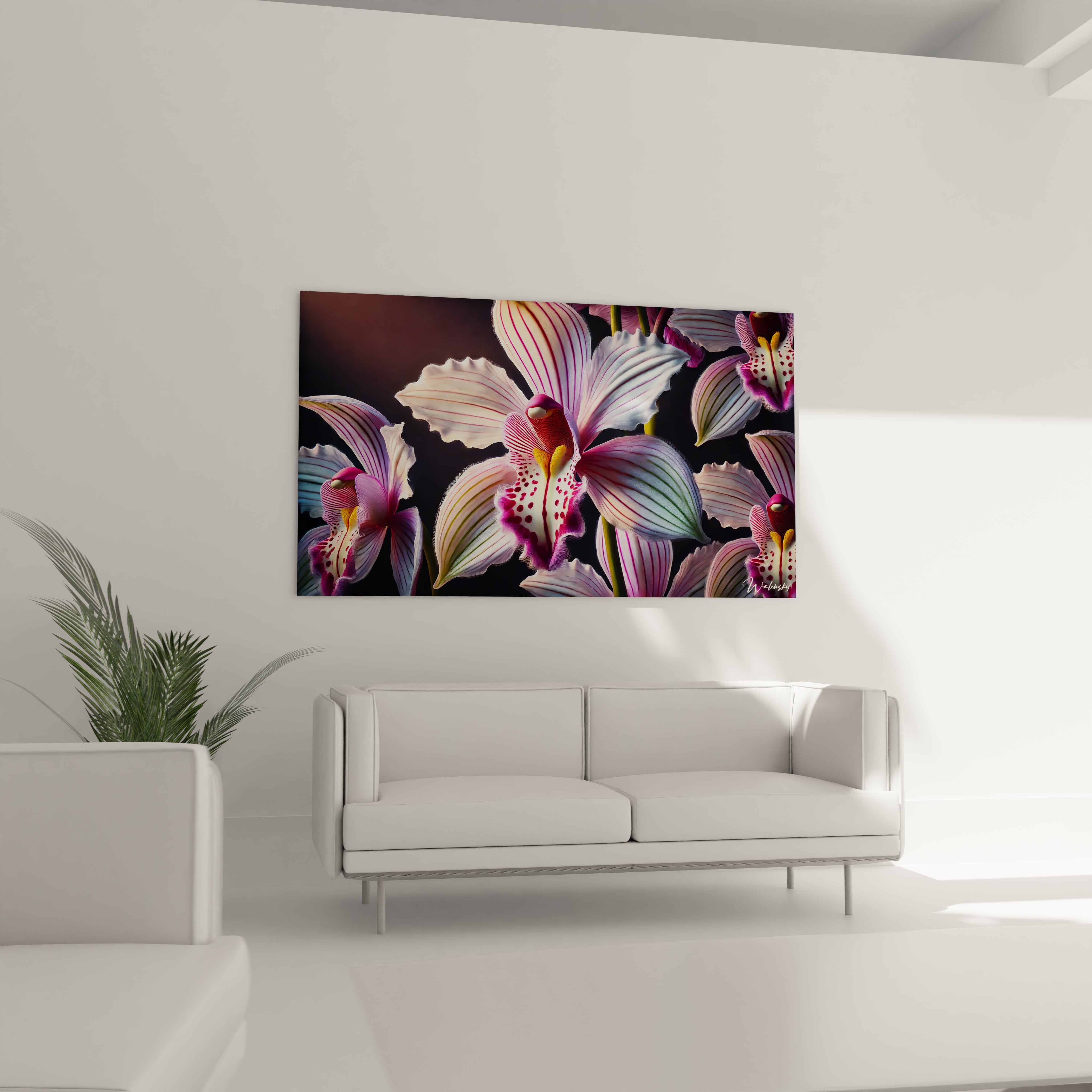 Dans un salon contemporain, le tableau Orchidée au-dessus du canapé crée un point focal élégant. Les couleurs riches et les détails floraux rehaussent la décoration avec une touche de sophistication naturelle.

