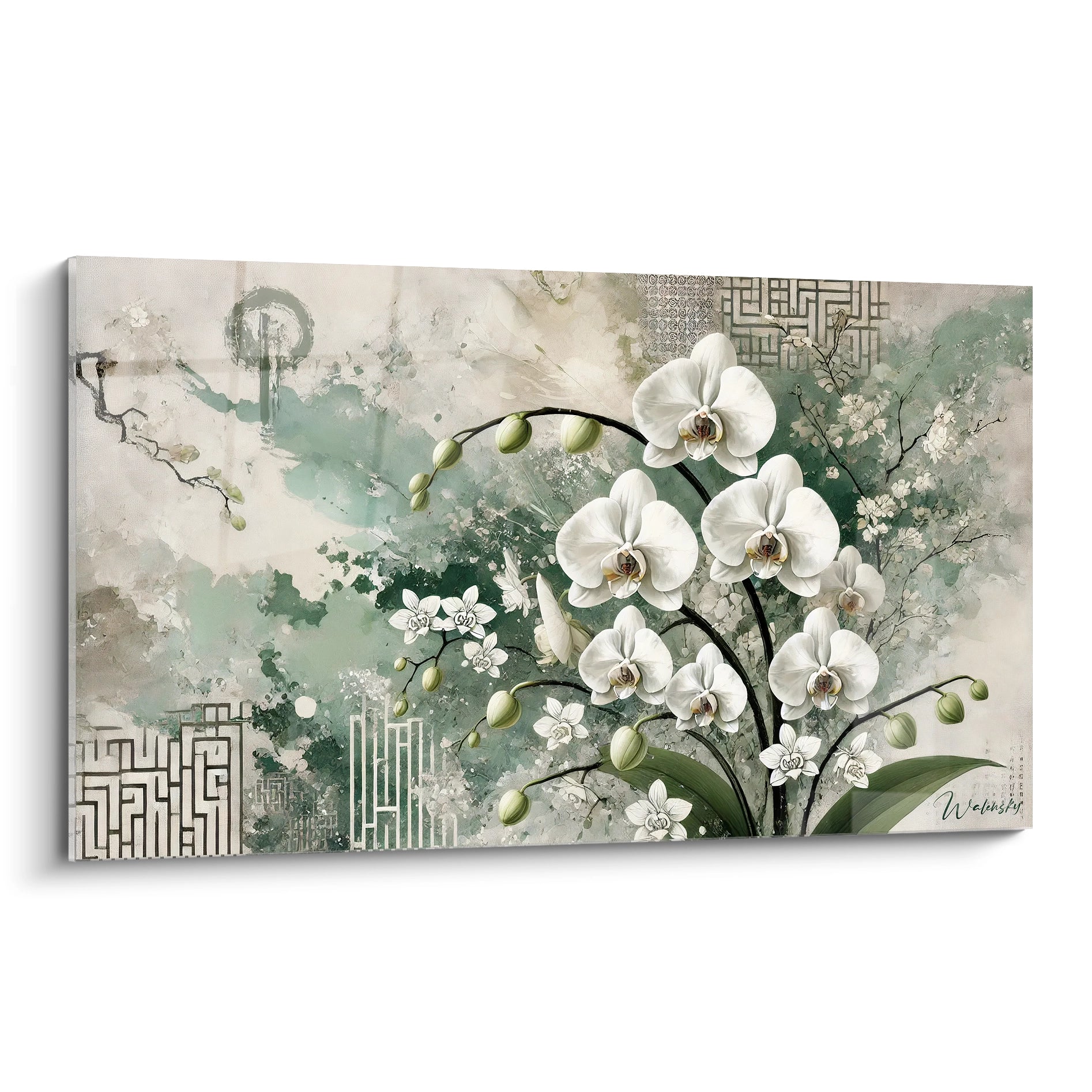 tableau Orchidee vu de biais montrant l'elegance des fleurs blanches et vertes dans un style contemporain inspire de la nature et de l'abstraction ideal pour un decor raffine

