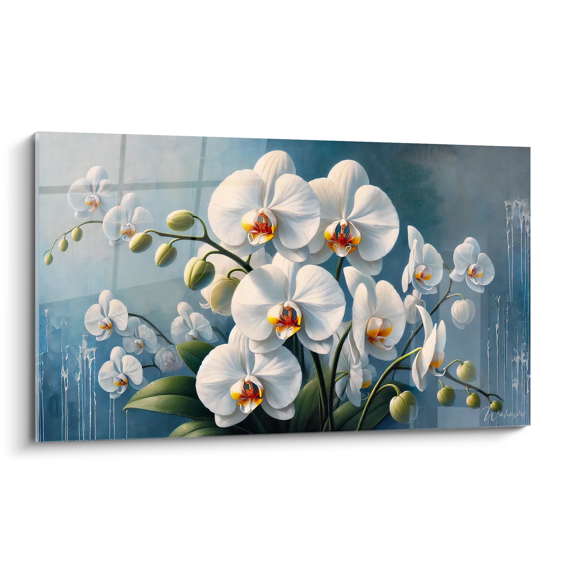 Tableau Orchidée vu de biais : une elegance intemporelle et une purete apaisante. Les fleurs blanches se deploient sur un fond bleu delicat pour captiver le regard.

