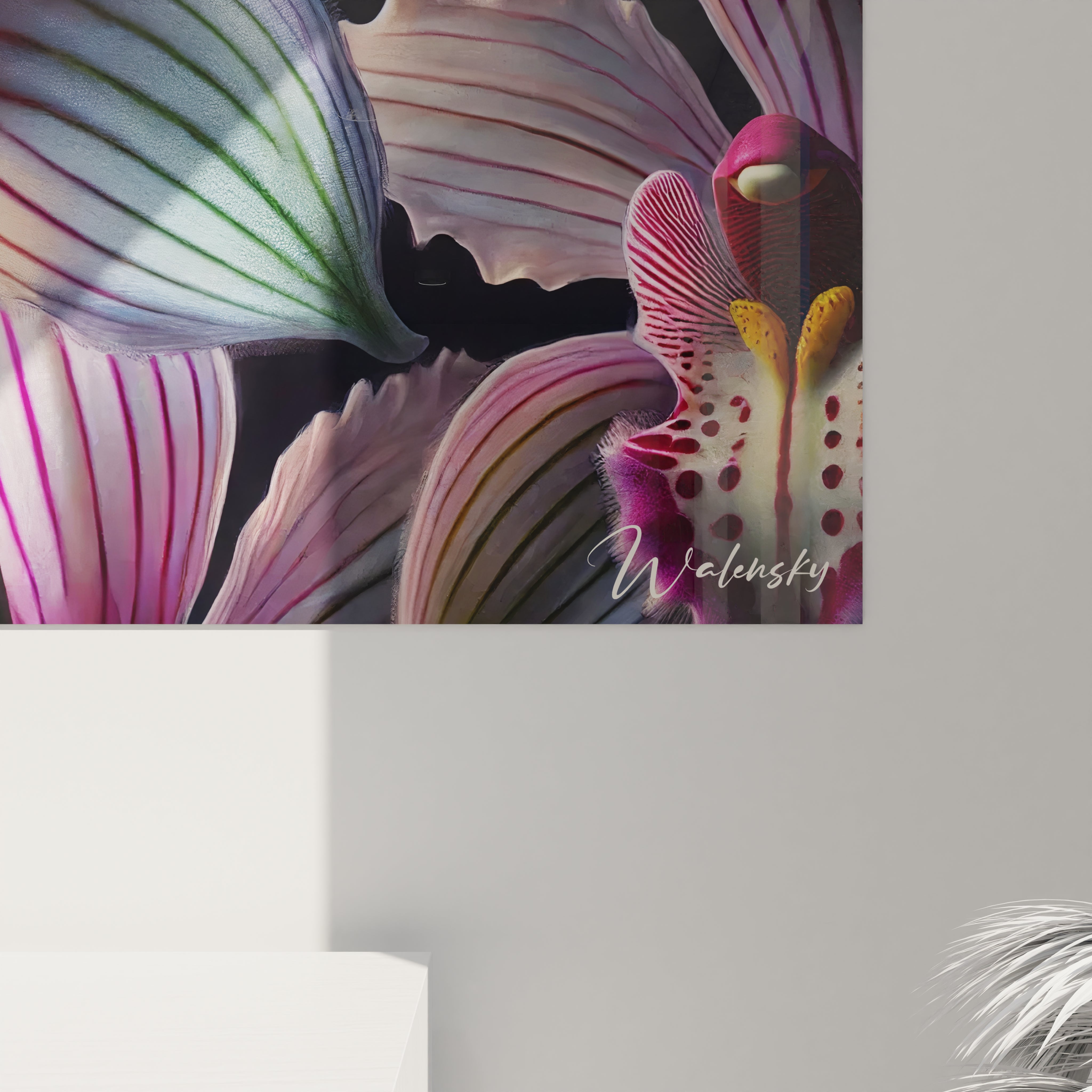 Vue de près du tableau Orchidée révélant chaque détail vibrant des pétales. Cette œuvre apporte une touche raffinée et poétique, captivant le regard et embellissant l'espace avec subtilité.






