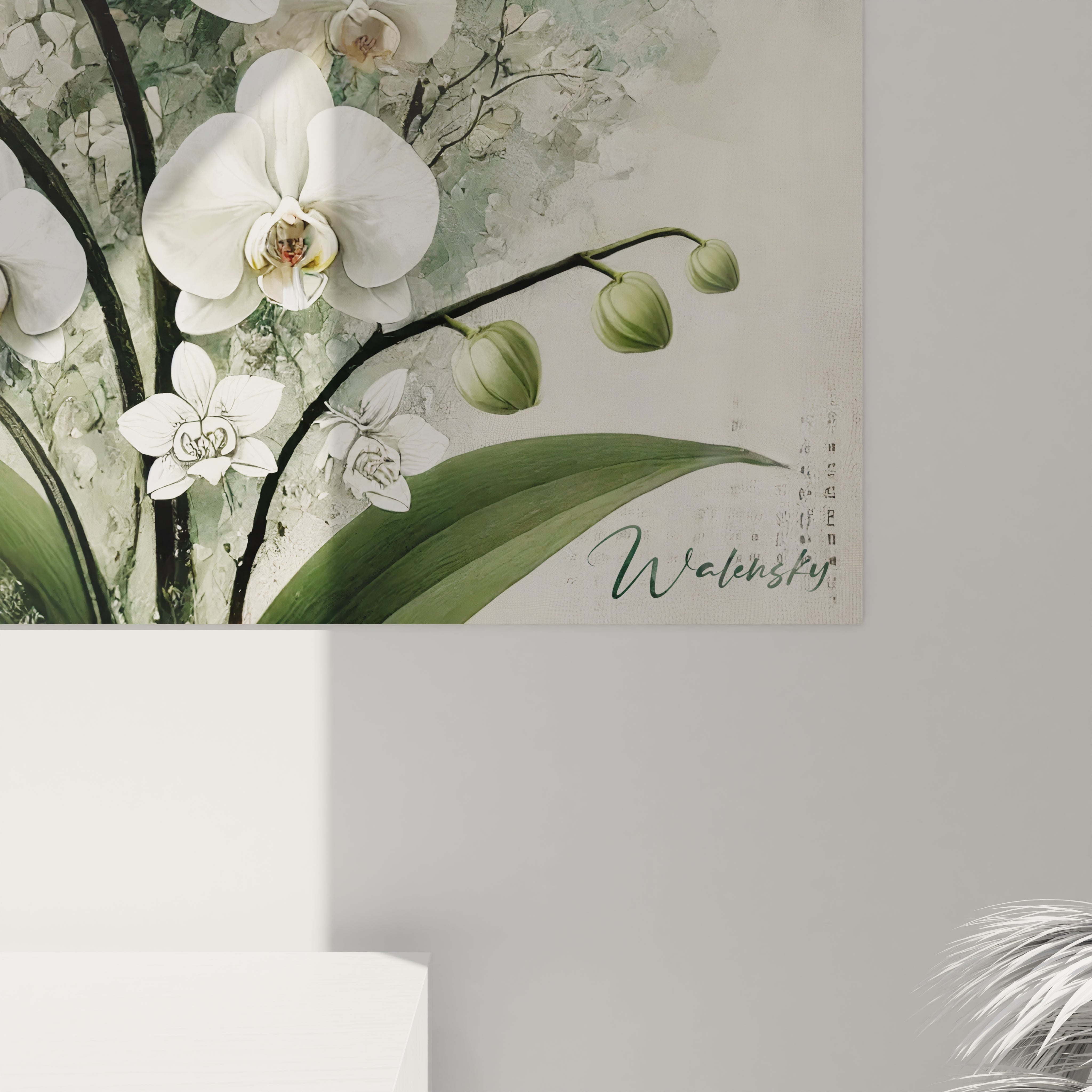 vue de pres du tableau Orchidee montrant des details exquis des petales blancs et verts dans une composition contemporaine qui capture la beaute delicate des fleurs






