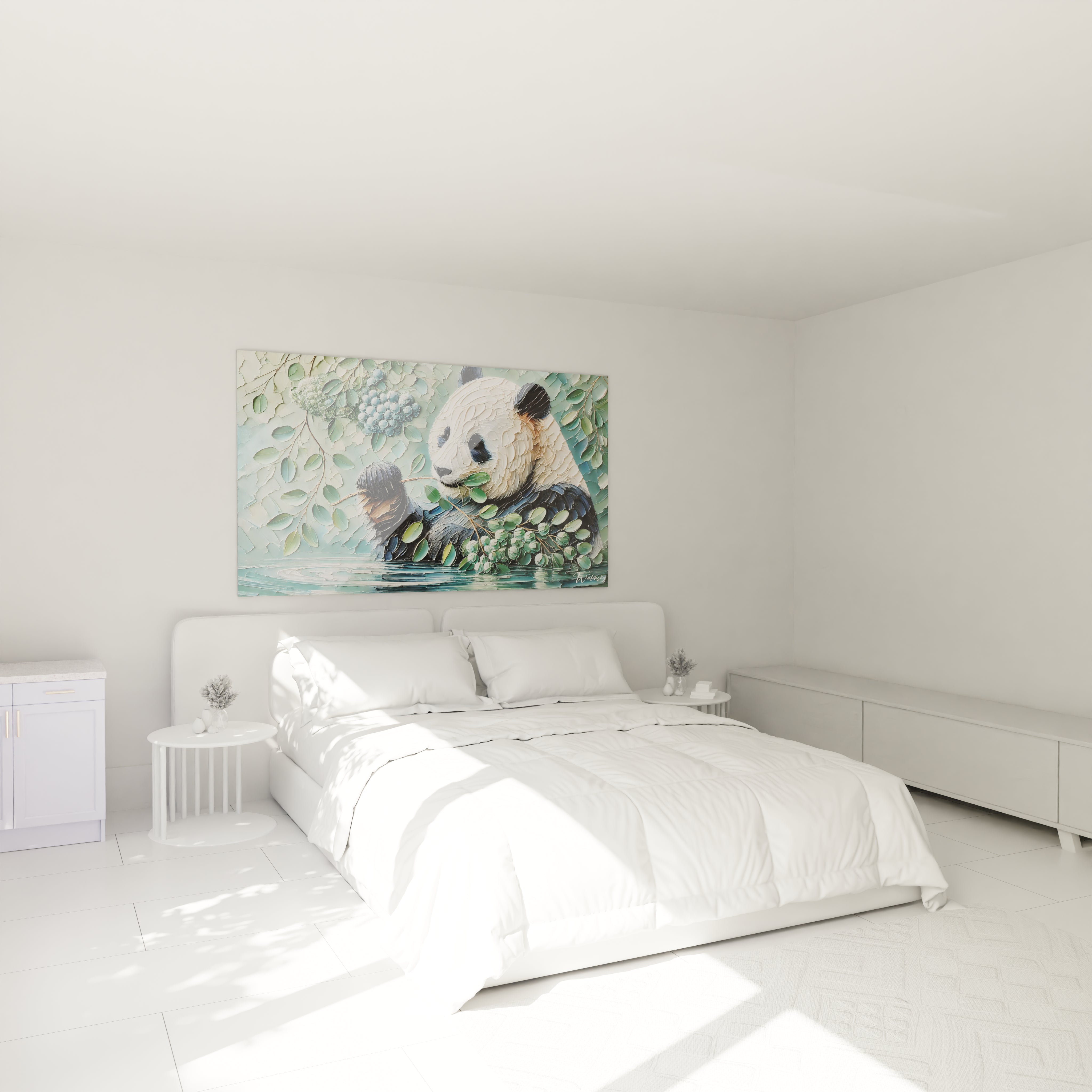 Tableau panda geant accroché au mur dans une chambre. Le vert et le bleu de la vegetation luxuriante creent une ambiance apaisante, parfait pour un espace de repos.

