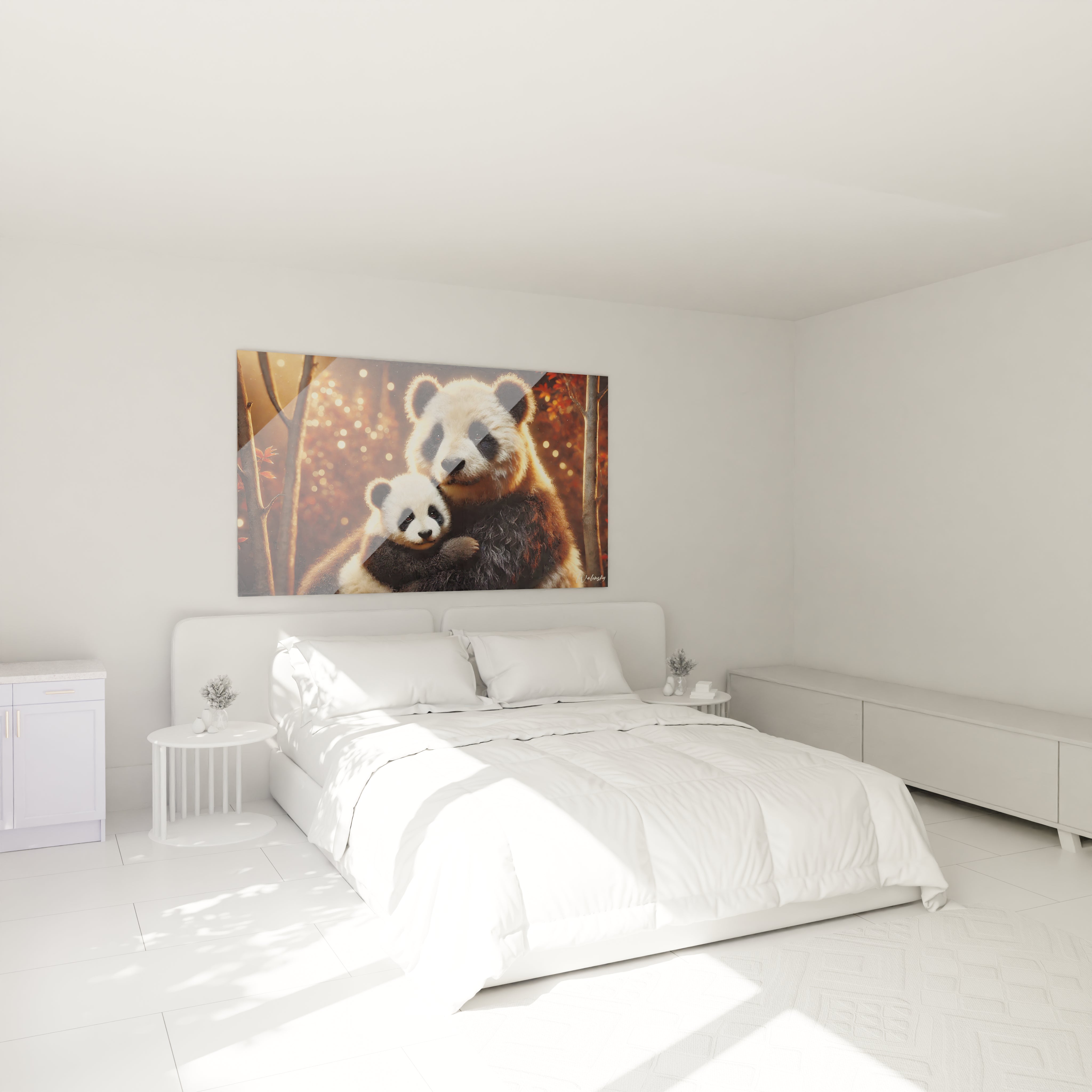 Tableau panda geant dans une chambre au dessus du lit, apportant tendresse et chaleur avec ses teintes or et bronze. Cette oeuvre evoque amour inconditionnel et tranquillite, parfaite pour un espace intime.
