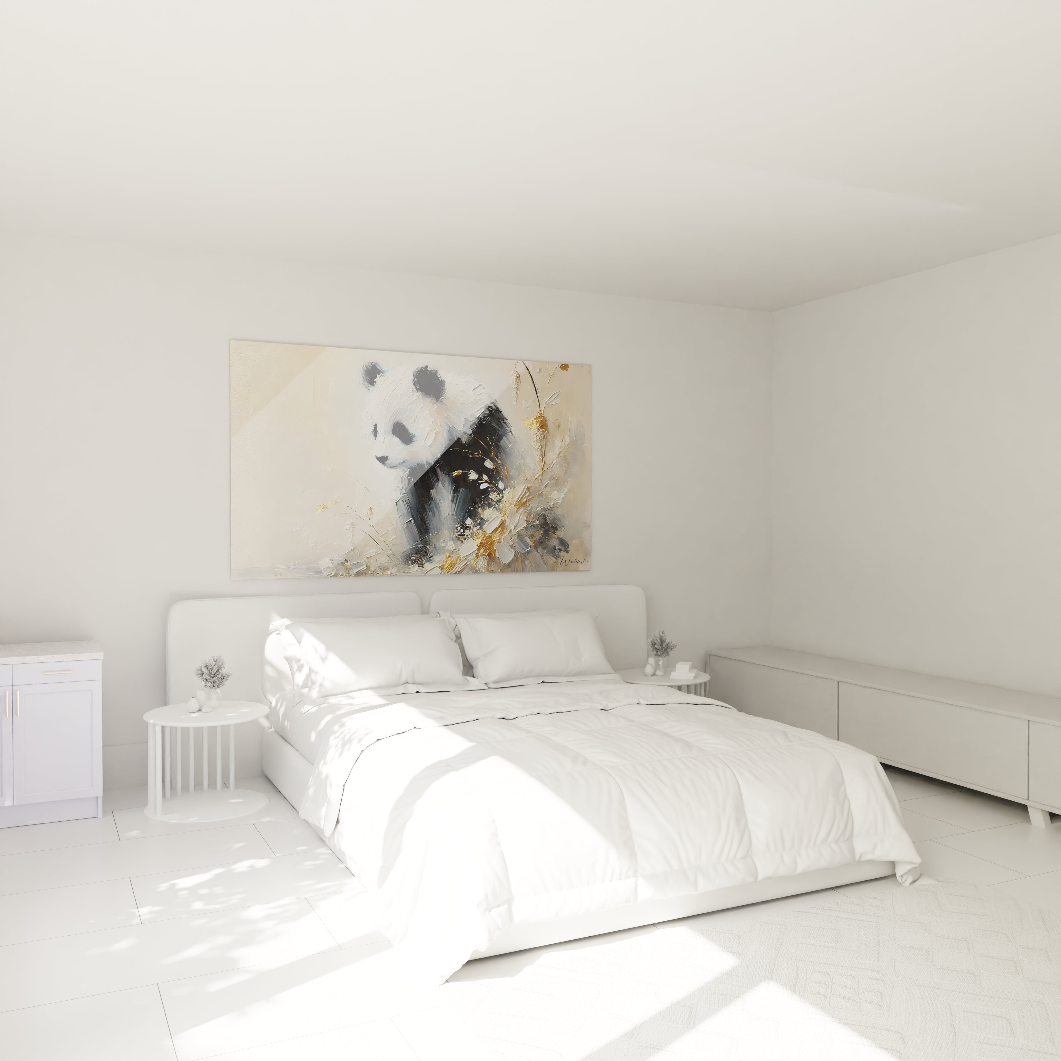 tableau panda geant suspendu au-dessus du lit, apportant une touche douce et apaisante a la chambre. Les couleurs neutres et les elements dorés creent une ambiance zen, parfaite pour la detente et la serenite

