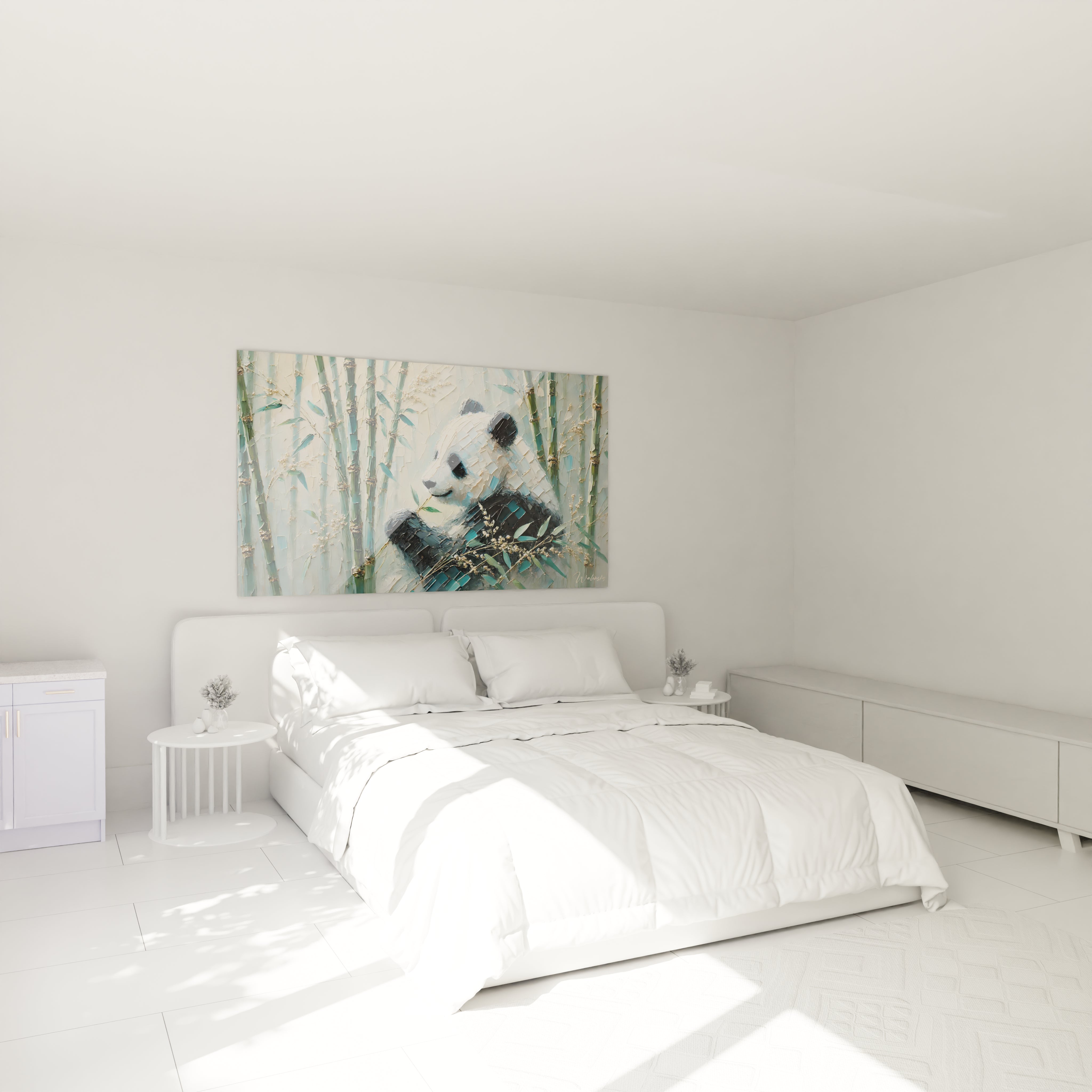 tableau panda geant accroche au dessus du lit dans une chambre : apportez une touche de serenite et de nature a votre interieur avec ce tableau texturé. Le sourire doux du panda rend la chambre plus accueillante.

